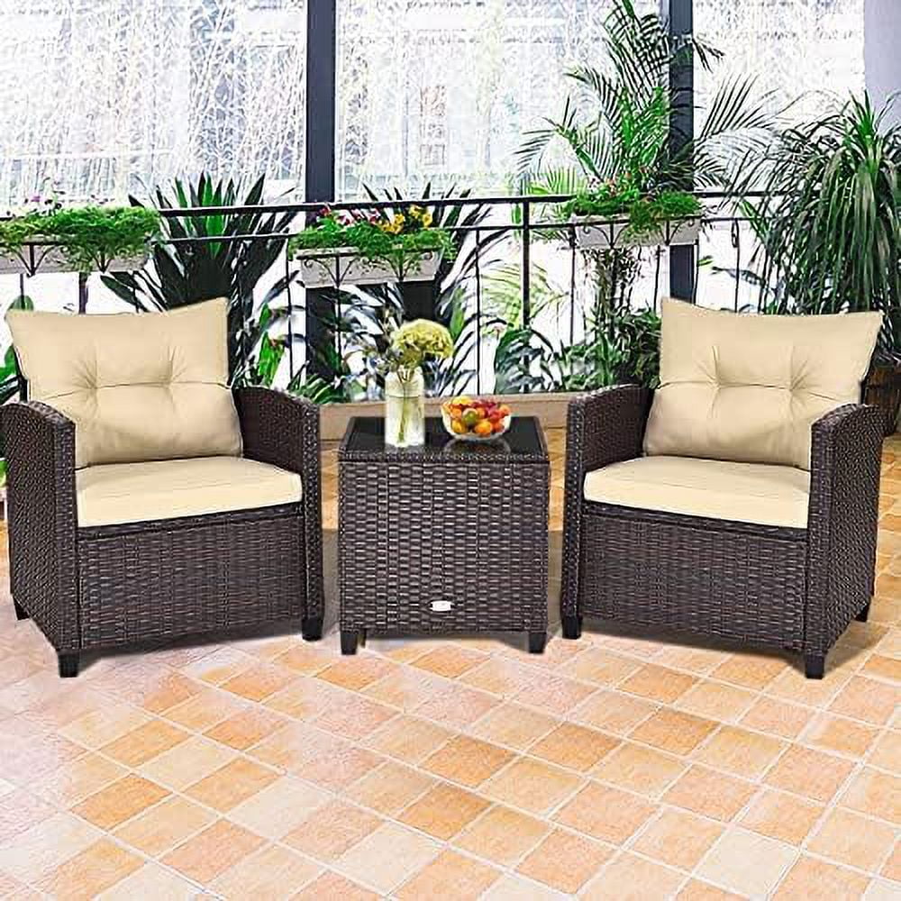 xrboomlife 3 Pieces Patio  Set Outdoor  Rattan Wicker Chairs and Table Set  Balcony Porch Conversation Set with Washable Cushions & Tempered Glass Coffee Table