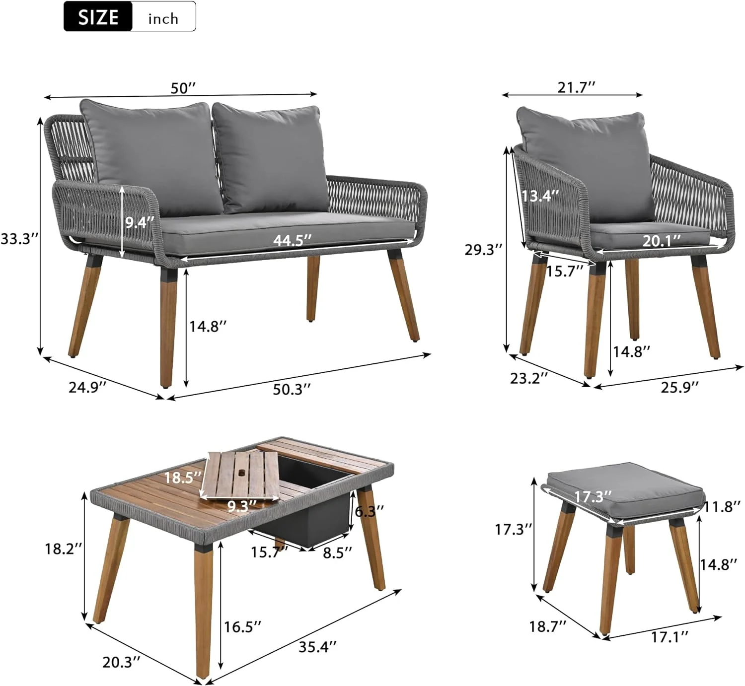 Dina Patio Conversation Set  6-Piece Rope Outdoor Furniture Set  Section Sofa Set with Acacia Wood Cool Bar Table with Ice Bucket  for Backyard/Porch/Balcony  Beige