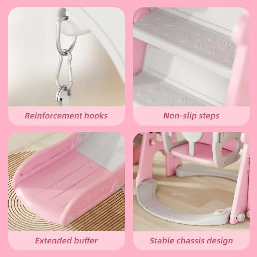 Glaf 5-in-1 Toddler Swing and Slide Set Baby Slide Indoor Playground Outdoor Playsets for Backyards with Basketball Hoop, Ball and Extra Long Slide Toddler Swing Set with Slide (Pink)