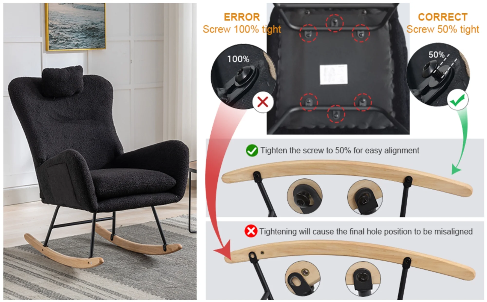 35.5 inch Rocking Chair with Pocket  Soft Teddy Fabric Rocking Chair for Nursery  Comfy Wingback Glider Rocker with Safe Solid Wood Base for Living Room Bedroom Balcony (black)