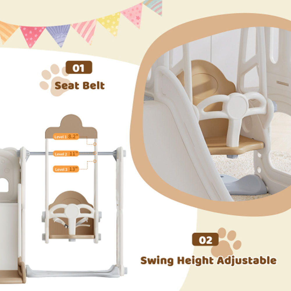 5 in 1 Slide and Swing Set, with Drawing Whiteboard, Freestanding Combination - Coffee