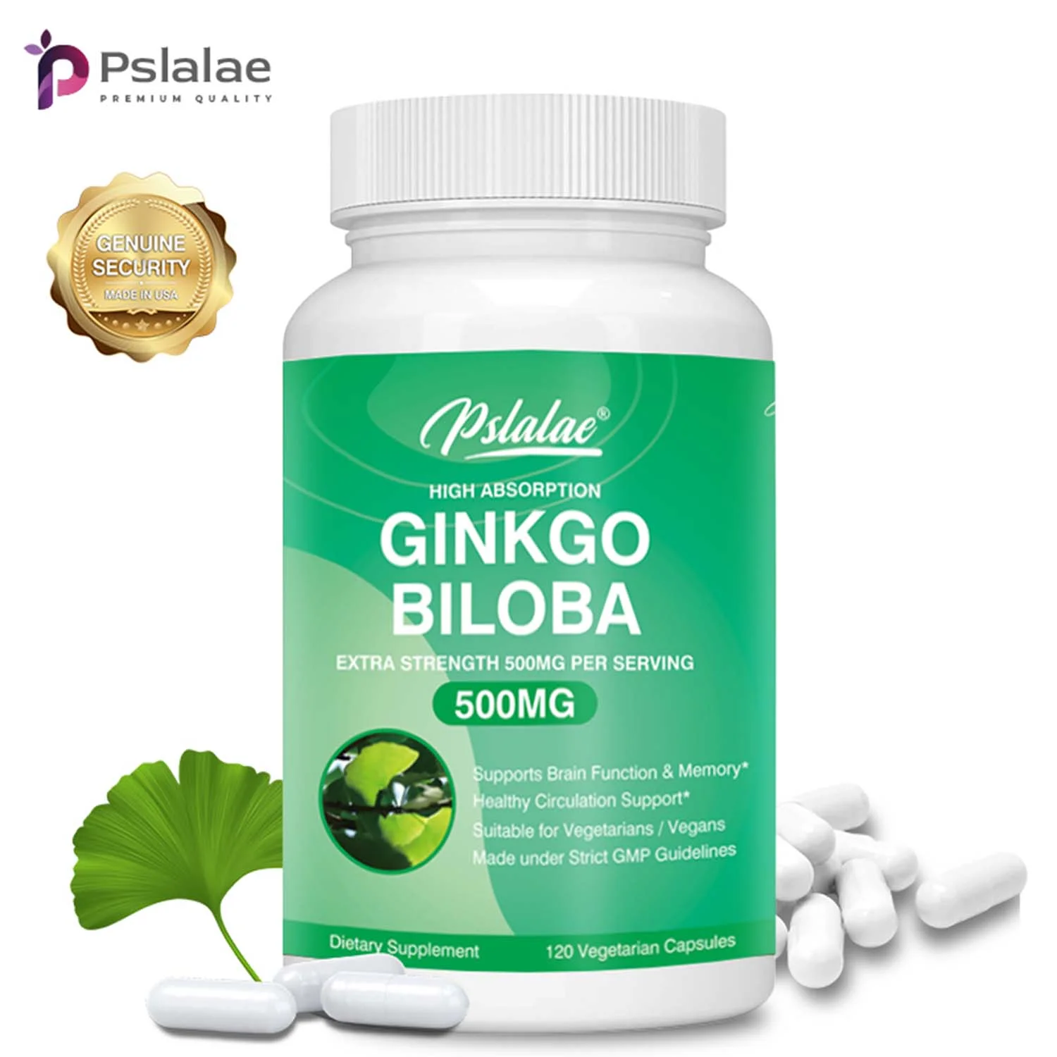 Pslalae Ginkgo Biloba Capsules 500mg - Memory Mental Focus Brain Boosting Supplements (30/60/120pcs)