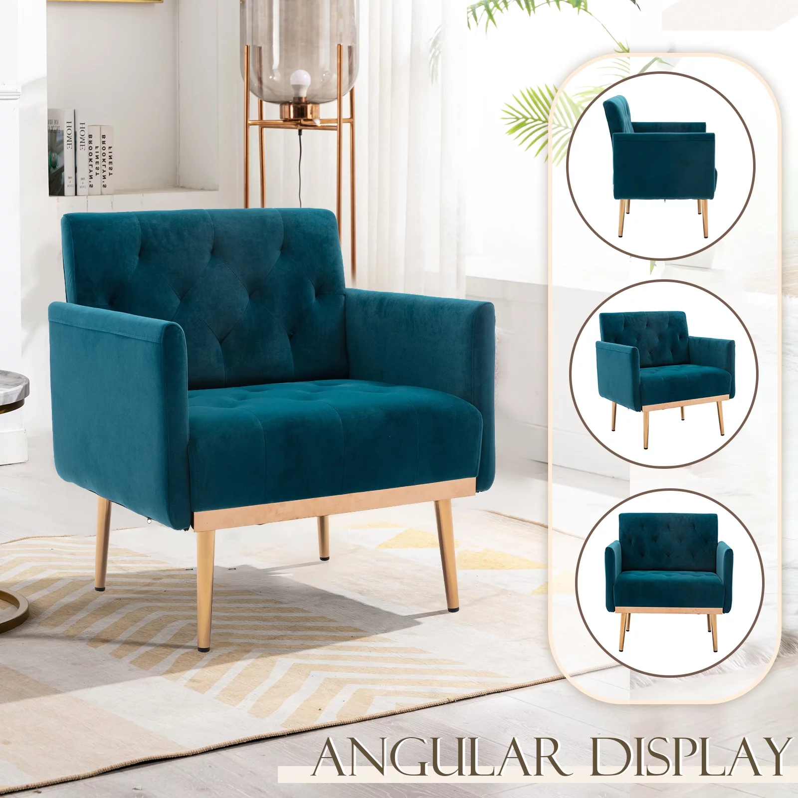 Deolme Modern Accent Chair, Upholstered Single Sofa Chair Sherpa Arm Chair for Living Room, Comfy Armchair with Metal Legs, Tufted Chair for Reading, Teal Velvet
