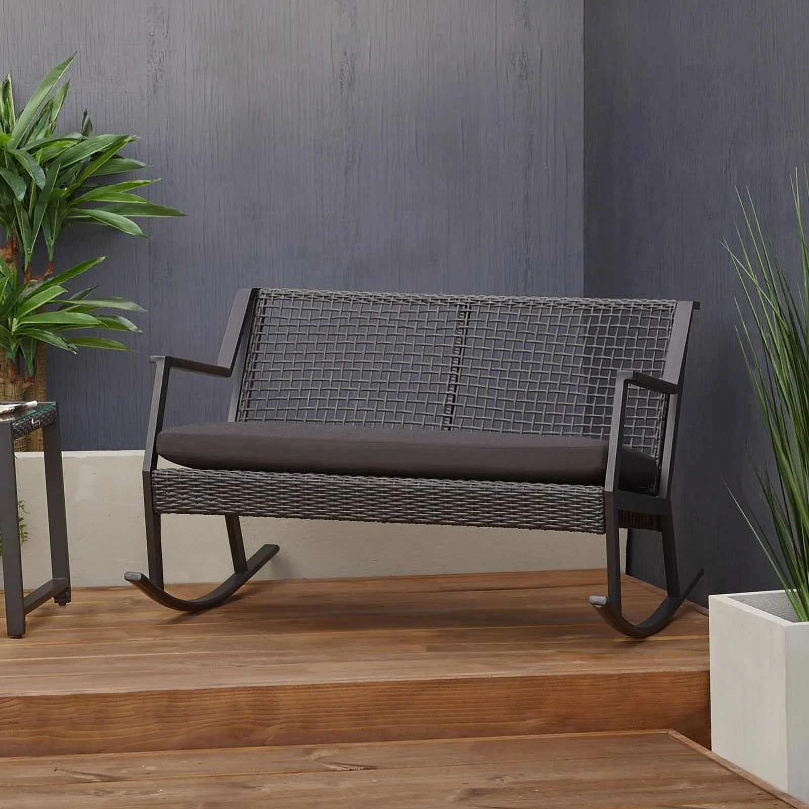 Home Square 3-Piece Set with 2 Patio Rocker Chairs & Patio Rocker Bench in Black