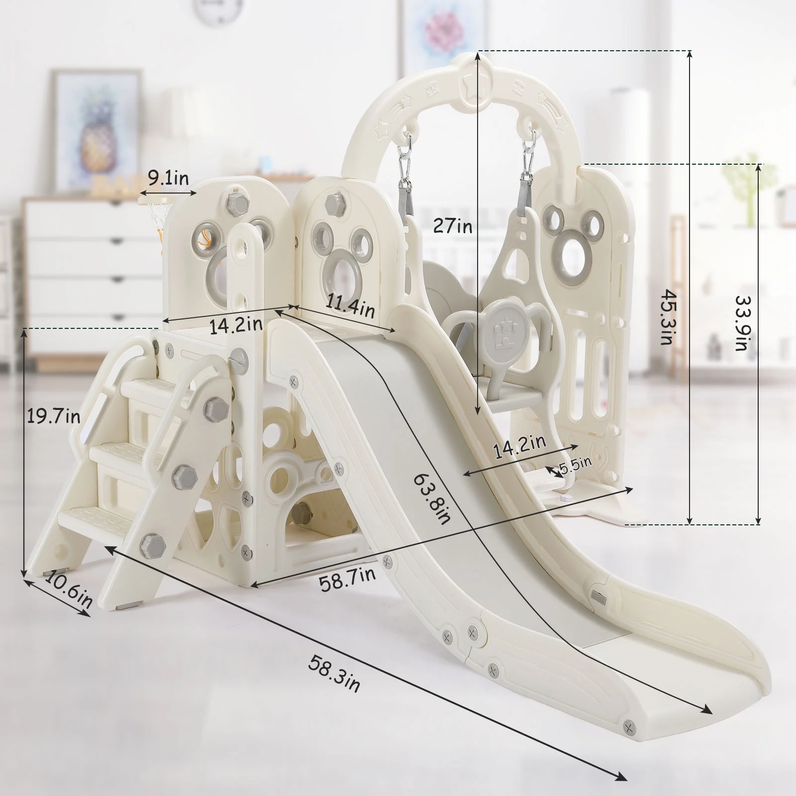 Pirecart 5 in 1 Toddler Slide and Swing Set, Large Toddler Slide Climber Playset with Basketball Hoop