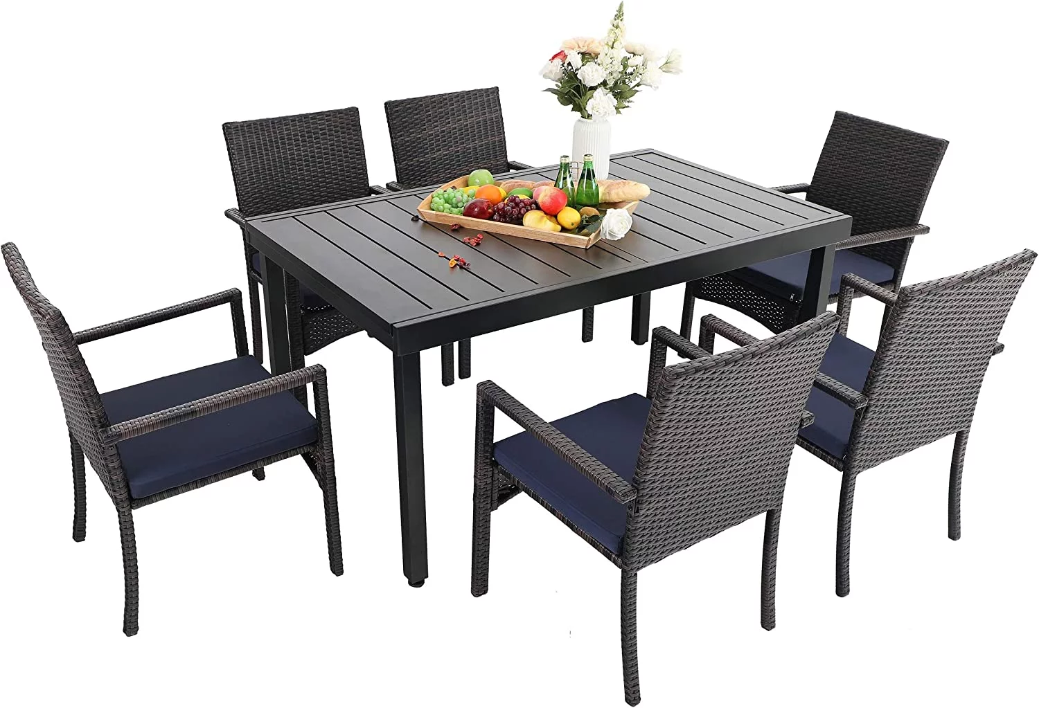 & William Outdoor Patio 7 Pieces Dining Set with 6 PE Rattan Chairs and 1 Rectangle Expandable Metal Table  Modern Outdoor Furniture with Seat Cushions for Poolside  Porch  Patio  Bal