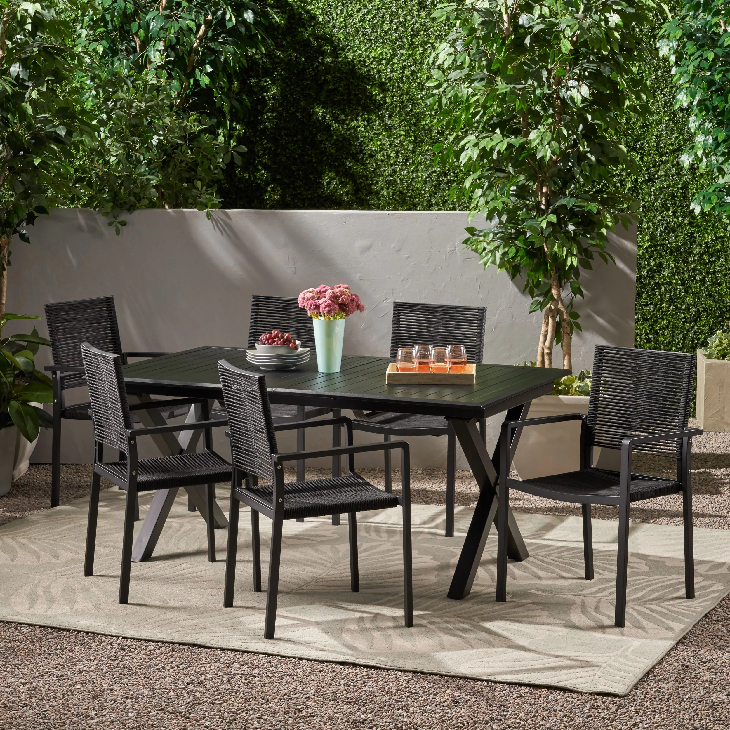 Noble House Taku 7 Piece Aluminum Expandable Patio Dining Set in Black and Gray