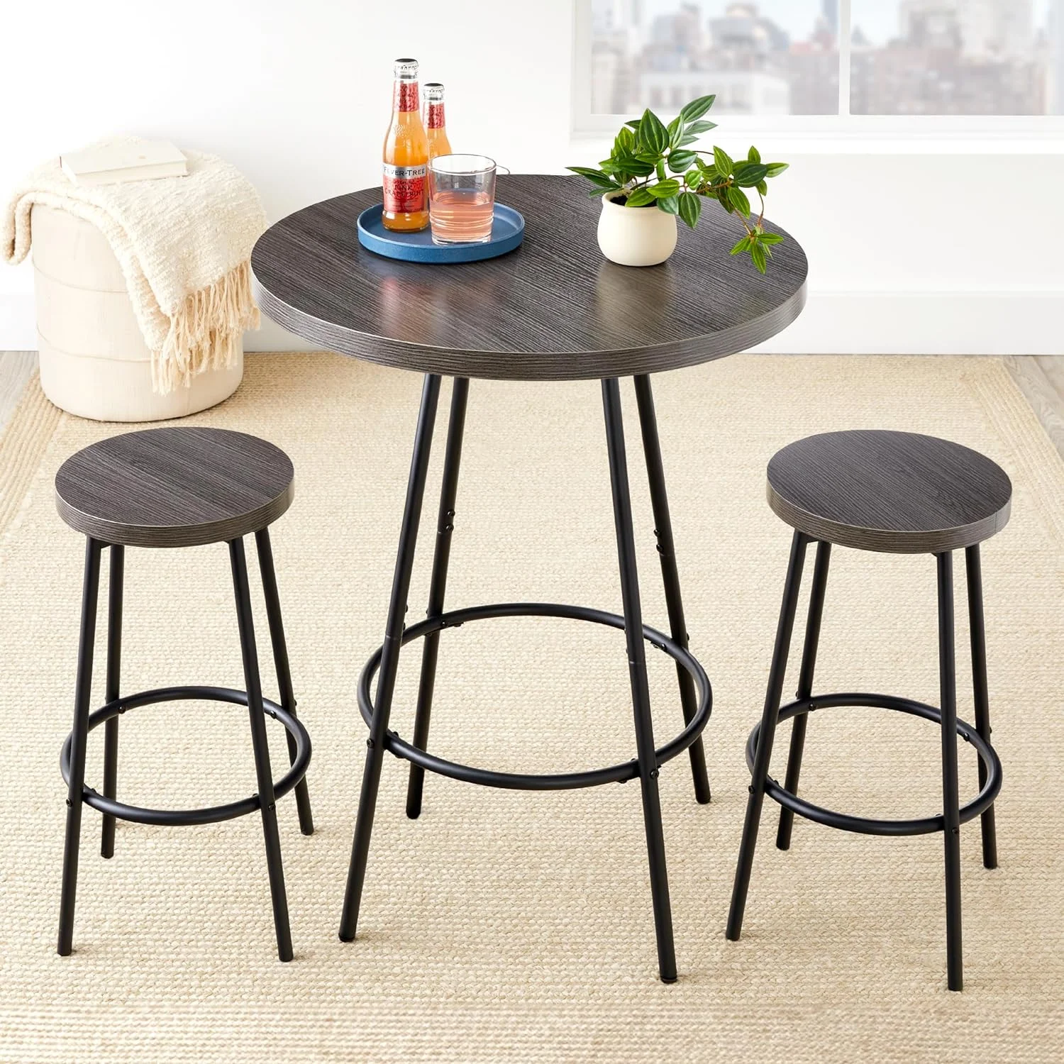 Bistro Dining Set 3 Piece, Modern Round Counter Height Pub Table, Compact High Top with Bar Stools Pub Dining Set for Kitchen, Breakfast Room - Dark Gray