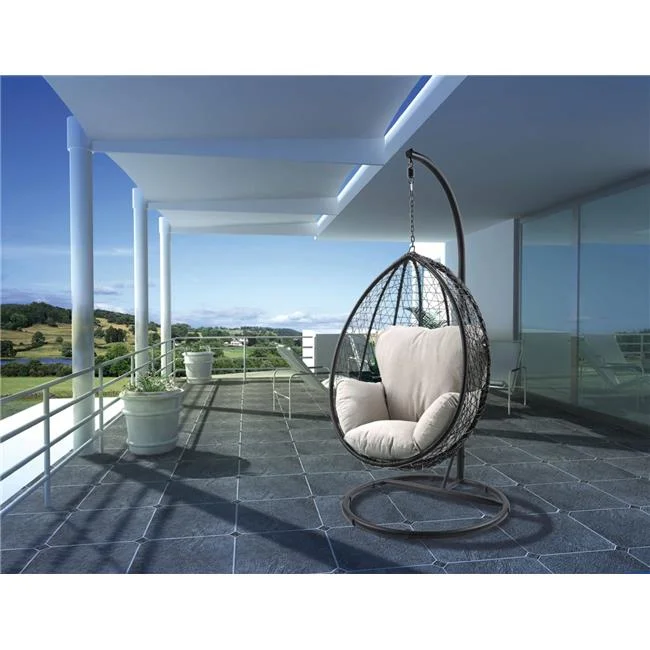 Simona Patio Swing Chair with Stand, Beige Fabric & Black Wicker