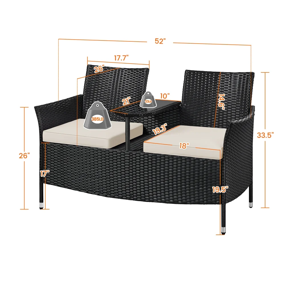 Yaheetech Wicker Double Chair with Tempered Glass Side Table, Black/Beige