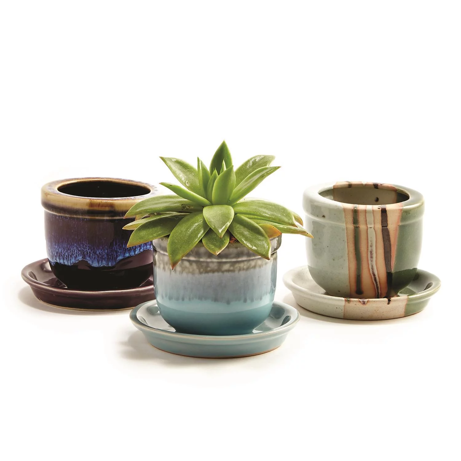 Two's Company Set of 3 Artisan Planter Pot with Saucer Assortment of 3 Colors