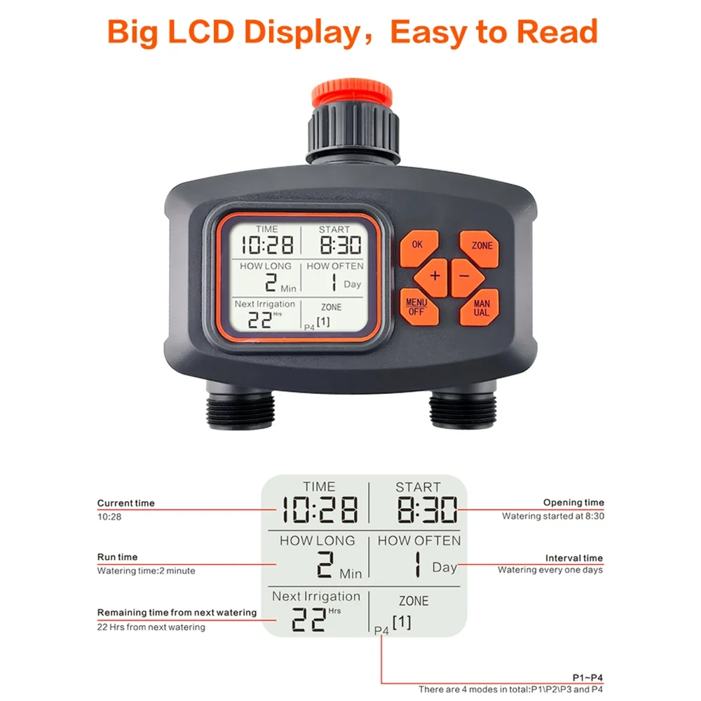 Water Timer for Garden Hose, 2-Outlet Watering Sprinkler Timer with LCD Screen Programmable Irrigation Timer for Yard Lawn Automatic/Manual  Watering Timer