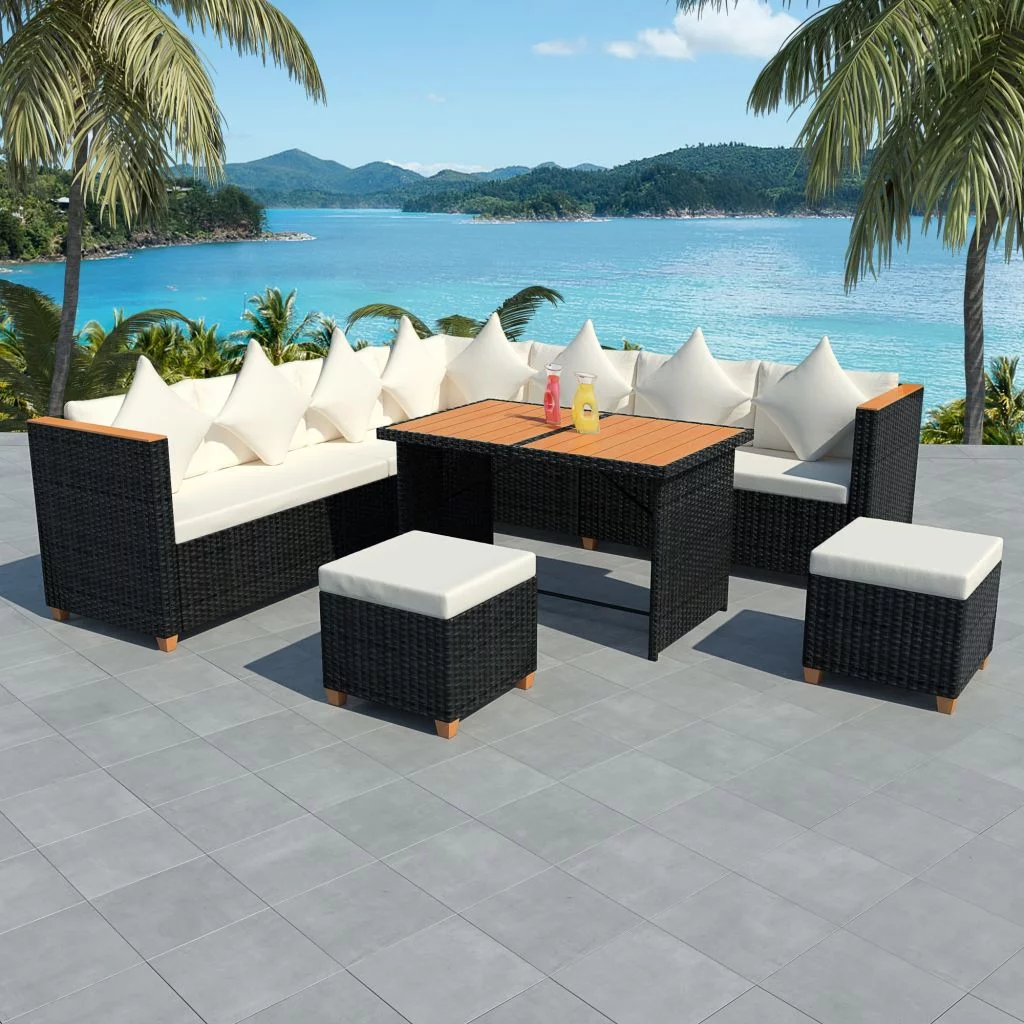 7 Piece Garden Set with Cushions Poly Rattan Black