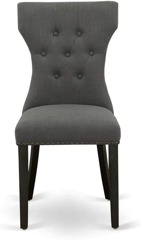 HYUN HBGA3-ABK-50 Hartland 3 Piece Set Contains a Round Dining Room Table with Pedestal and 2 Dark Gotham Linen Fabric Upholstered Parson Chairs, 42x42 Inch