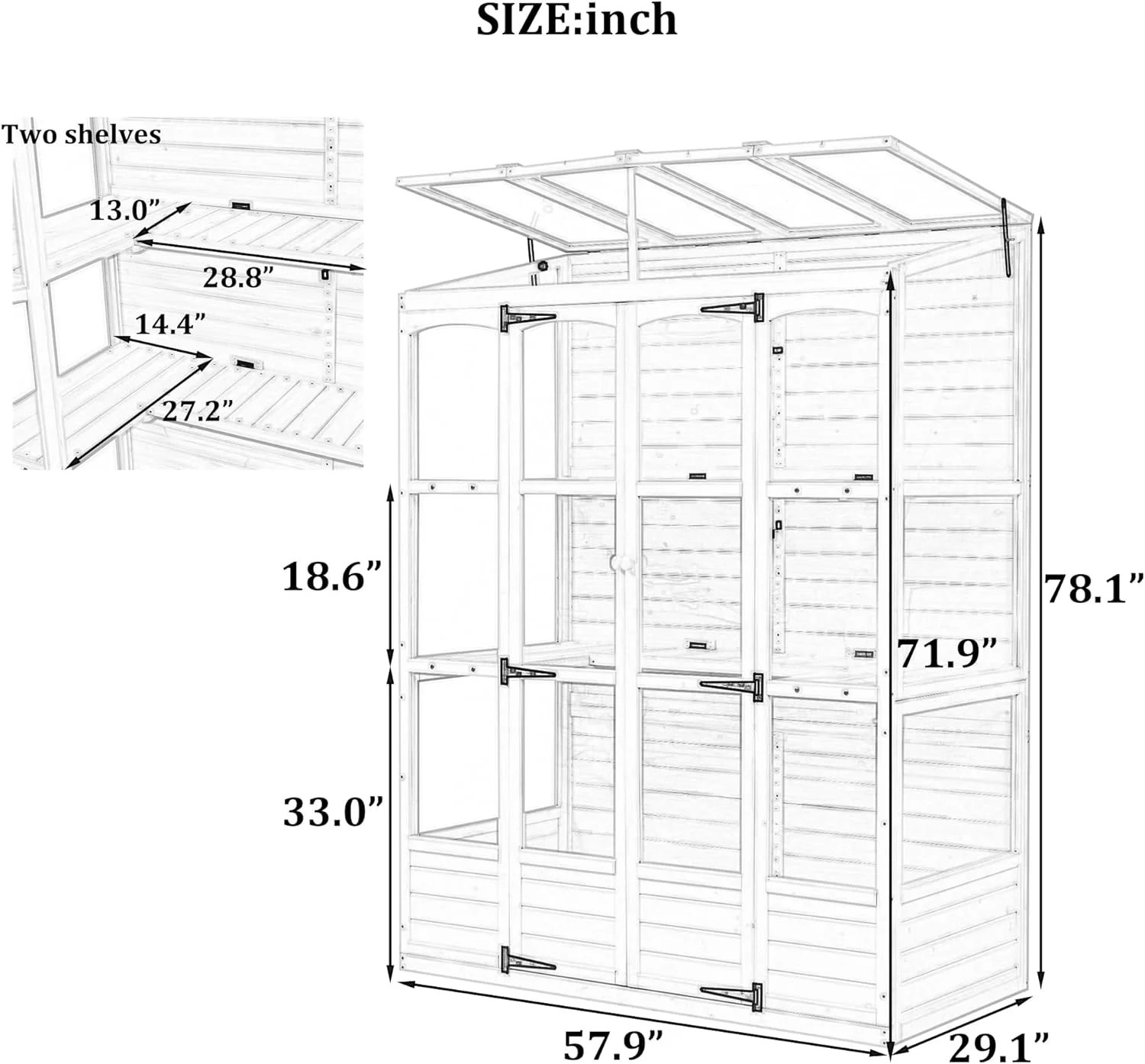 Wooden Greenhouse, Cold Frame Portable Greenhouse with 2 Folding Middle Shelves and 4 Skylights for Indoor Outdoor Patio Balcony Garden, 57.9