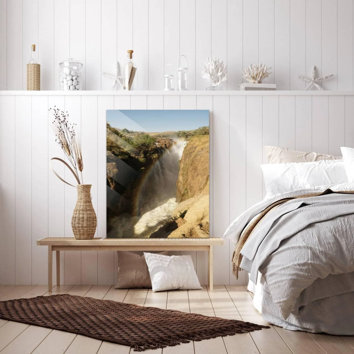 HelloGlass Tempered Glass Wall Art Decor Epupa Falls Waterfall with Baobab trees at the border of Namibia and Prints On Glass Paingting Modern Artworks For Living Room Bedroom Office 12x8inch