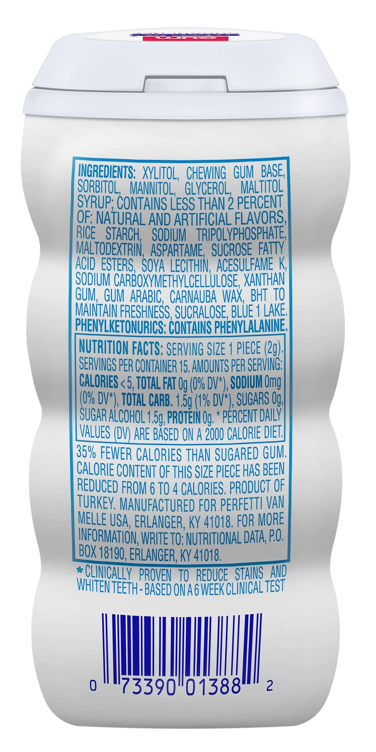 (Price/Case)Mentos Sugar Free Pure White Sweet Mint Gum 15 Pieces Per Bottle - 10 Per Pack - 12 Per Case