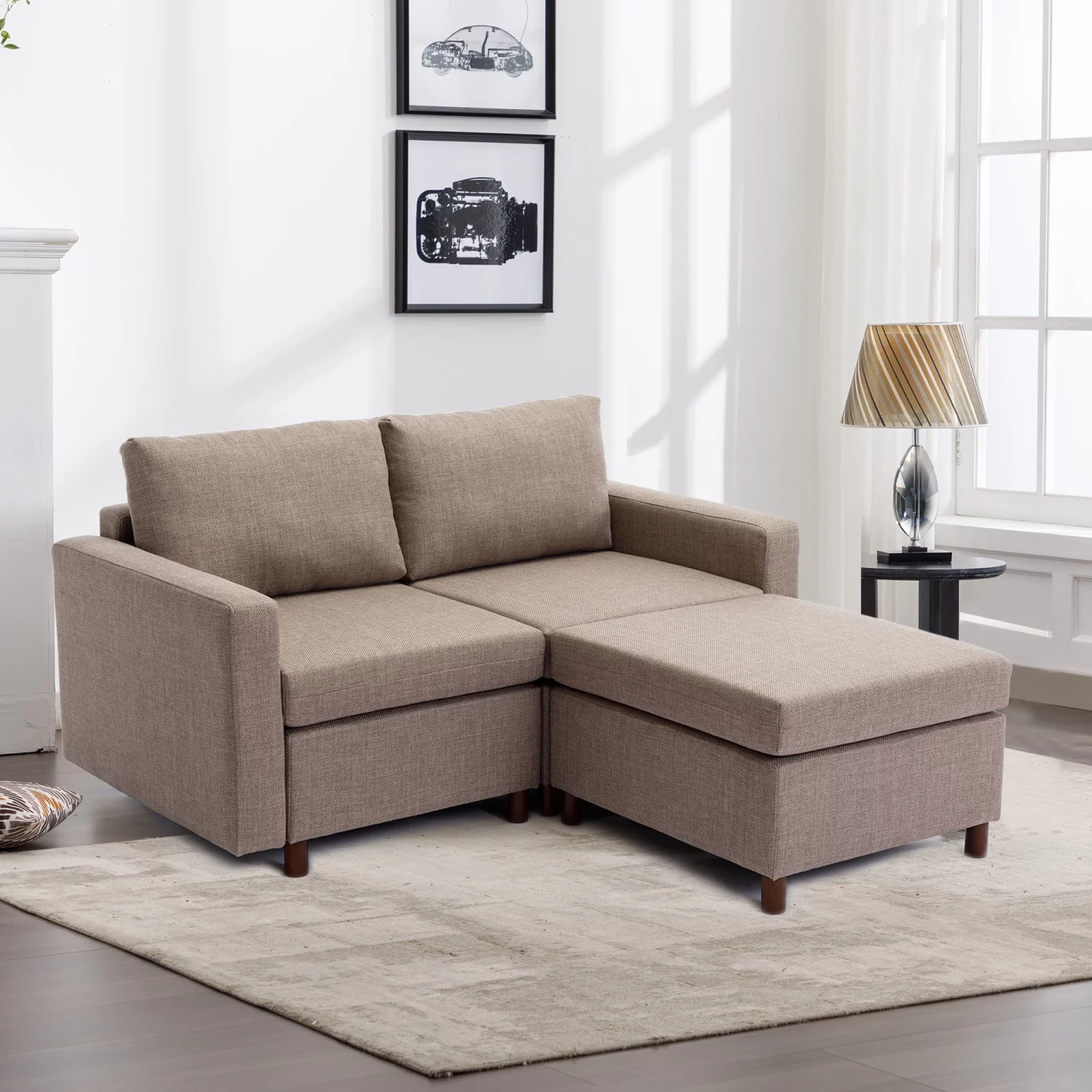 Brown Cozy Comfy Sectional Sofa Couch with Ottoman  Perfectly Designed for 2-Seat Living Room  Featuring Non-Washable Non-Removable Seat and Back Cushions  Ultimate Comfort and Relaxation