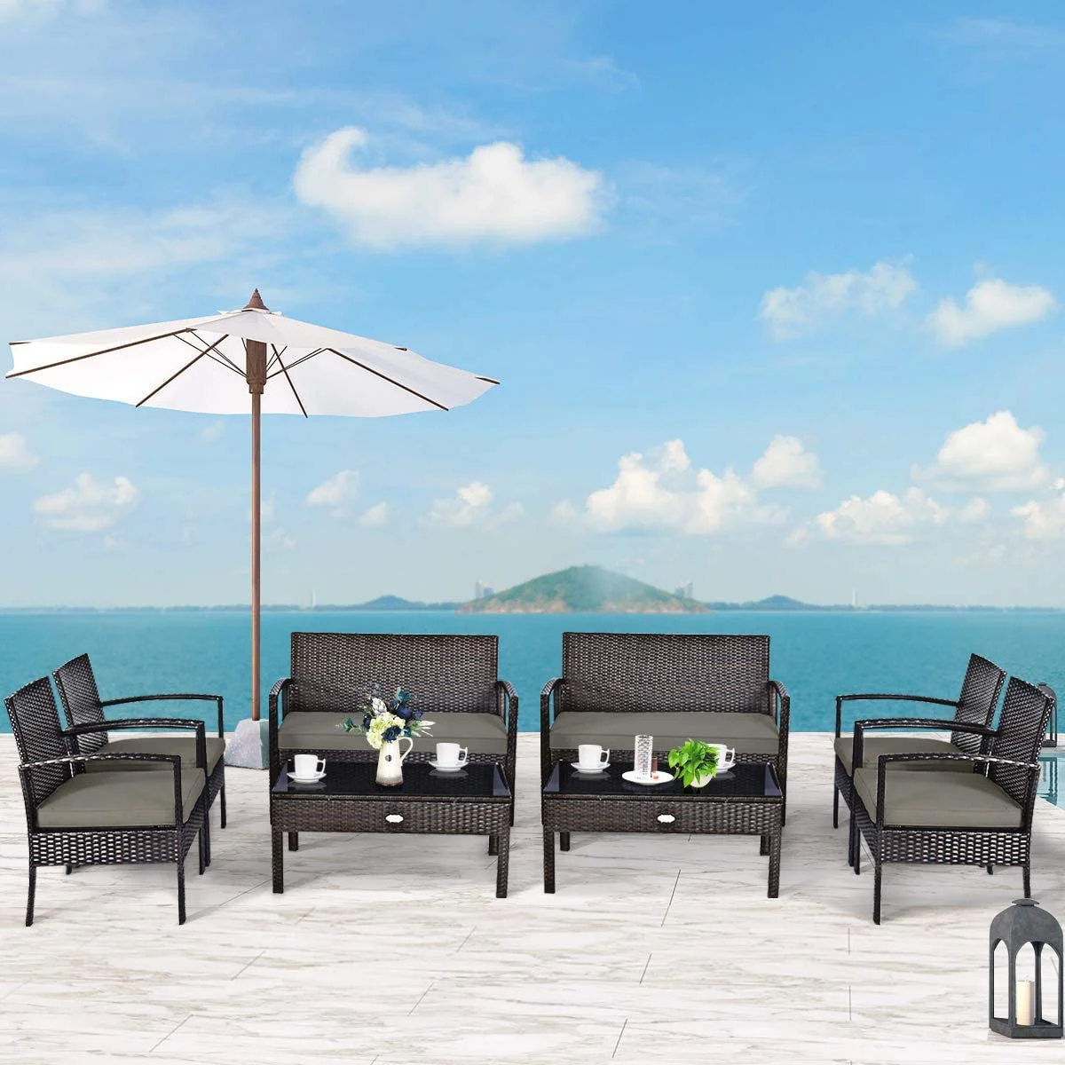 Dina Outdoor Conversation Set 4 Pieces Patio Furniture  Wicker Patio Chair Sofa Set with Water-Resistant Dark-Brown Cushion & Tempered Glass Table for Backyard  Balcony  Porch(Brown)