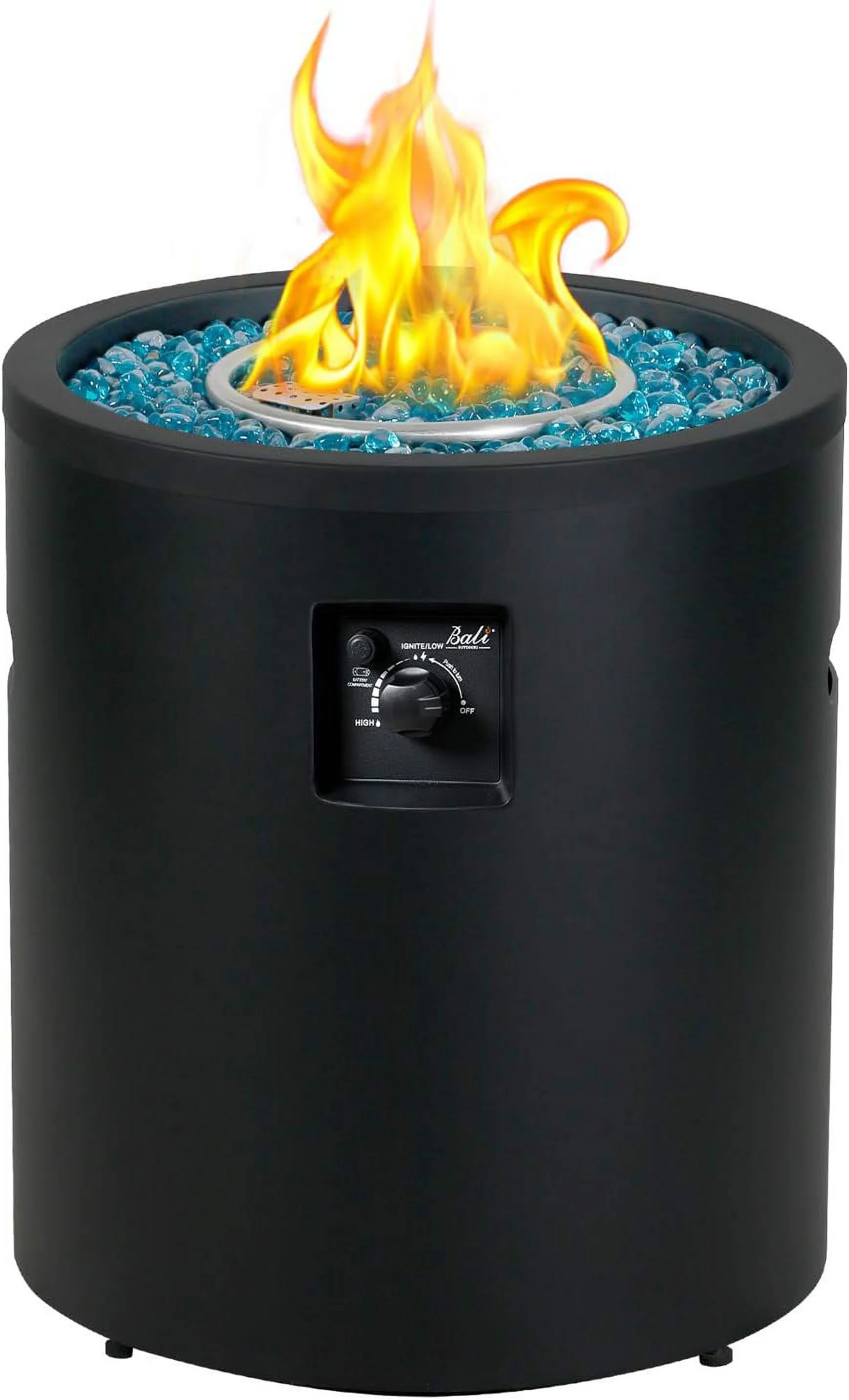 Gas Fire Pit Propane Fire Column, 23 Inch Cylinder Firepit, 50,000BTU Round Fire pits, Patio Fire Place W/ 22lb Blue Fire Glass, Black