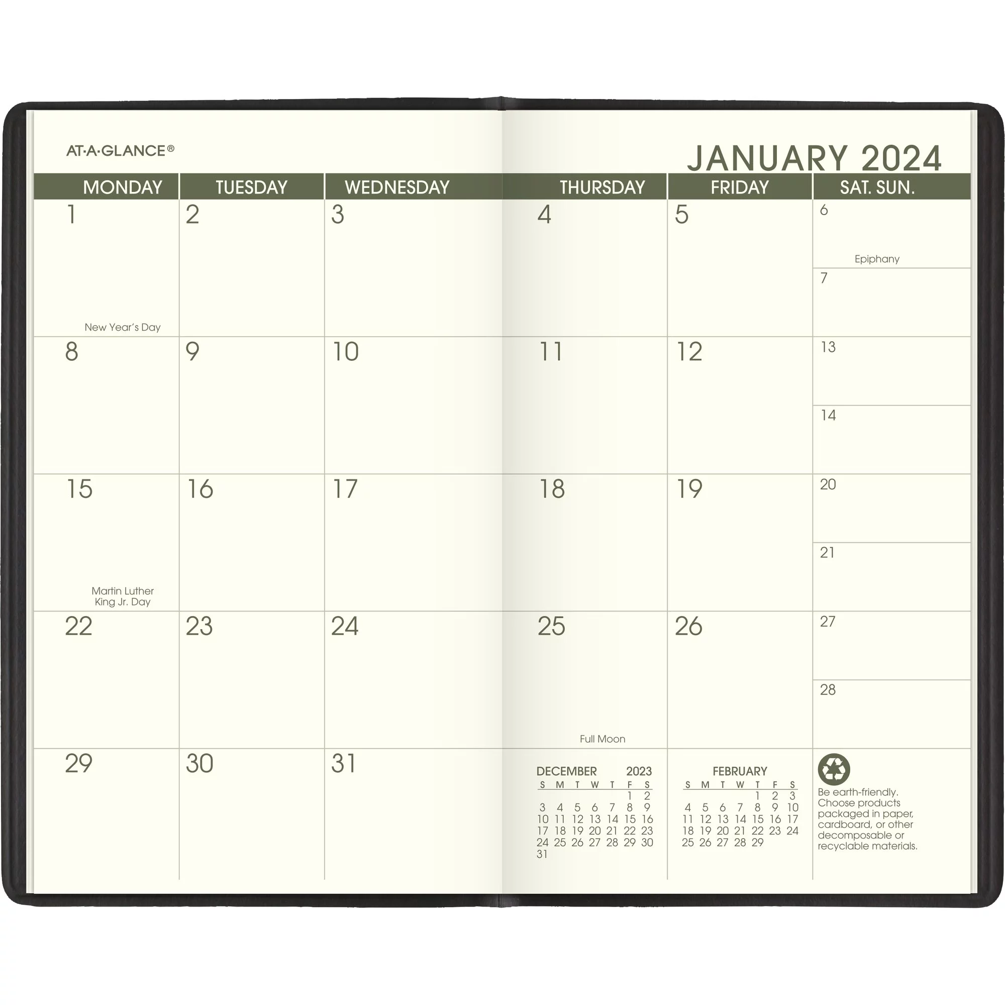 AT-A-GLANCE 2024-2025 Recycled Two Year Monthly Planner Black Pocket 3 12 x 6 -