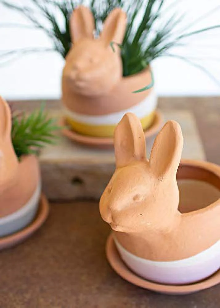 Set Of Three Clay Bunny Planters Multi