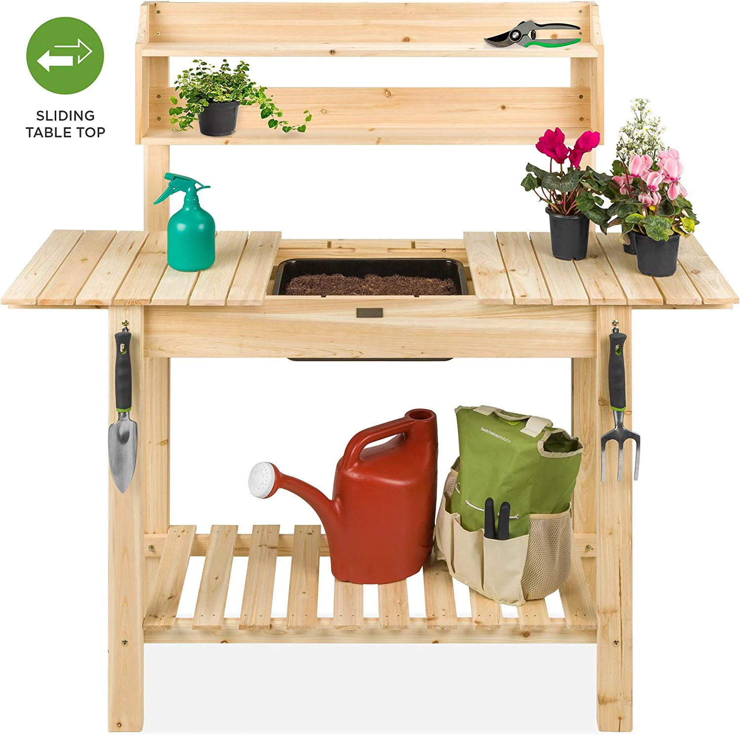 HBLUKDL Outdoor Mobile Garden Potting Bench  Wood Workstation Table w/Sliding Tabletop  Food Grade Dry Sink   Shelves - Natural