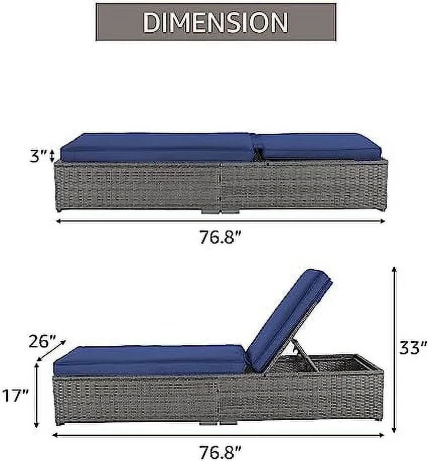 HBLUKDL Outdoor Patio Chaise Lounge Chair  Elegant Reclining Adjustable Pool Rattan Chaise Lounge Chair with Cushion  Grey PE Wicker  Steel Frame  Blue