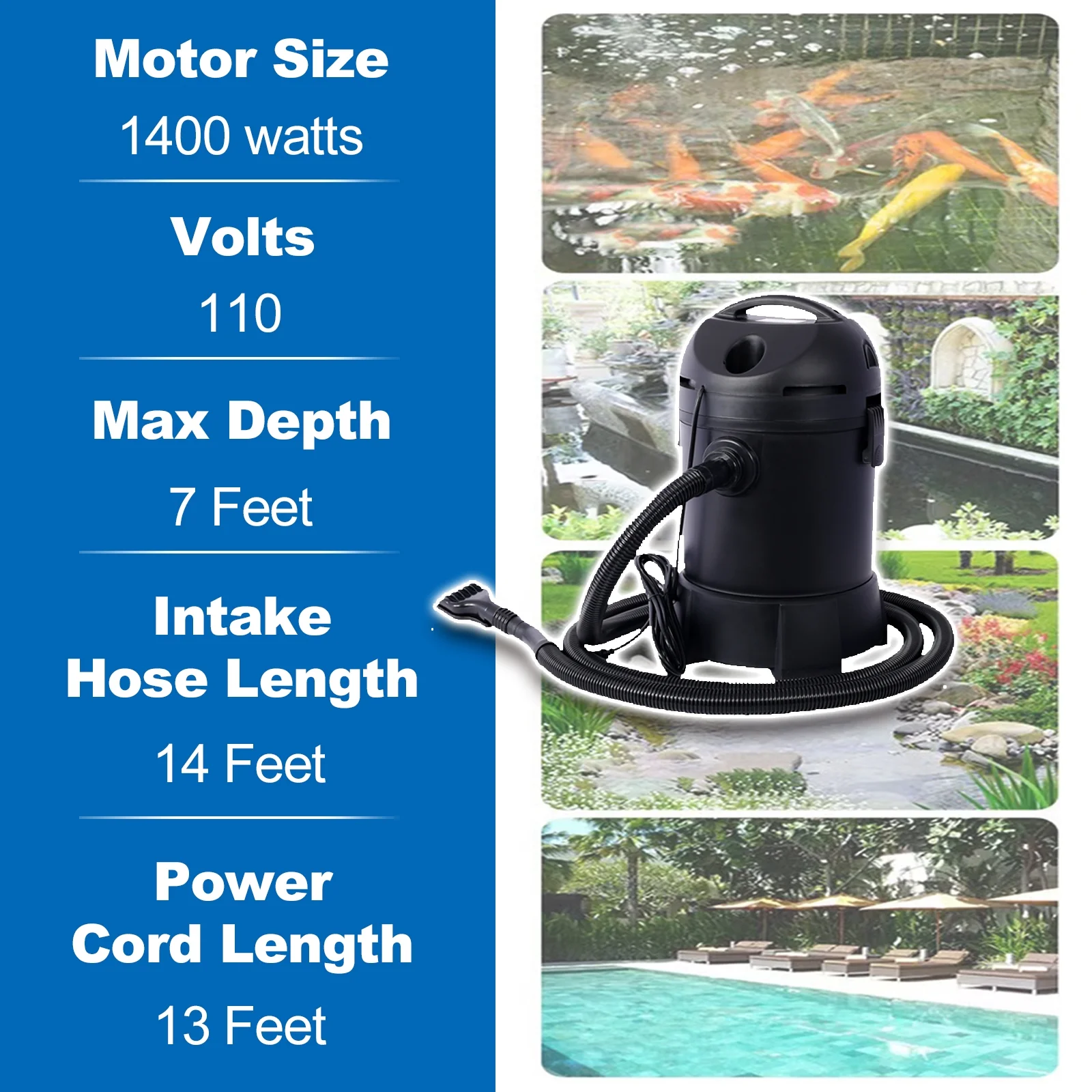 Garden Pond Vacuum Cleaner,cleansweep with 14ft intake suction hose, 4 Extension Tubes, 3 Vacuum Nozzles, a 6.5 Foot Output Hose, and a Debris Collection Bag