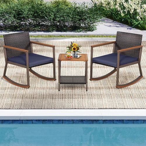 3 Pieces Rattan Rocking Bistro Set with Coffee Table and Cushions