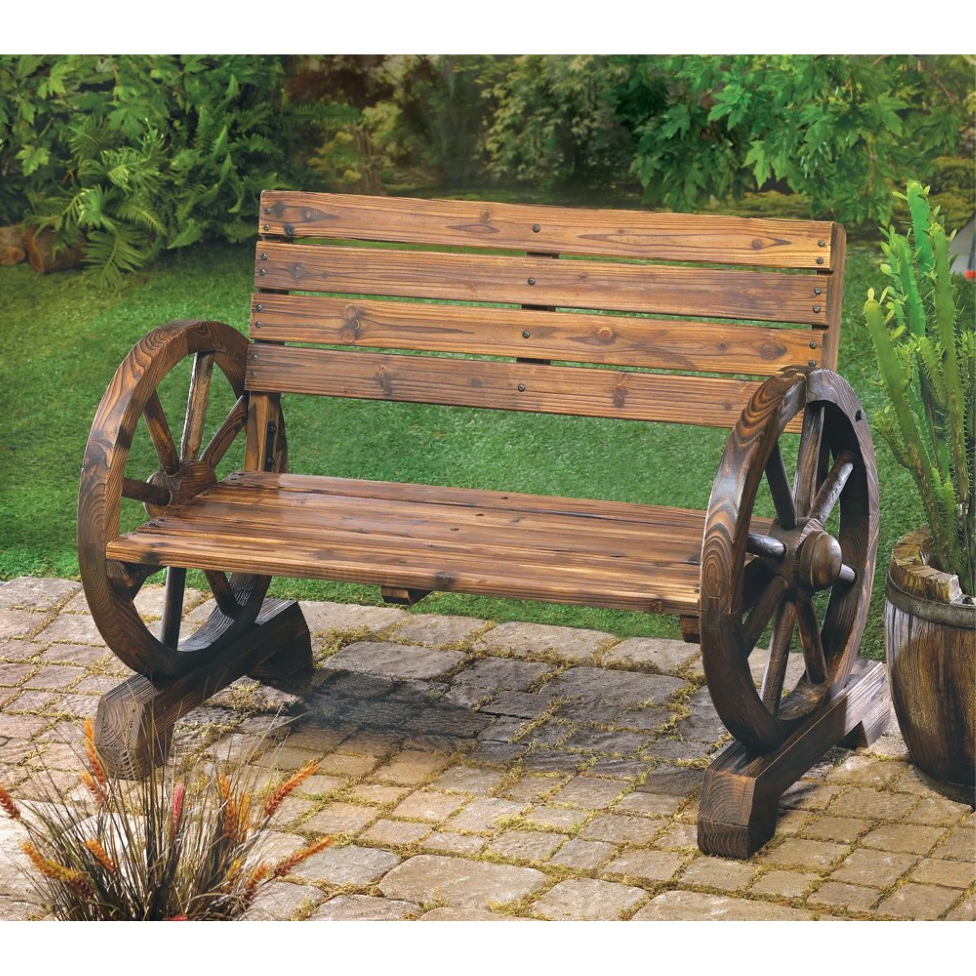 StealStreet Rustic Wood Design Home Garden Wagon Wheel Bench Decor