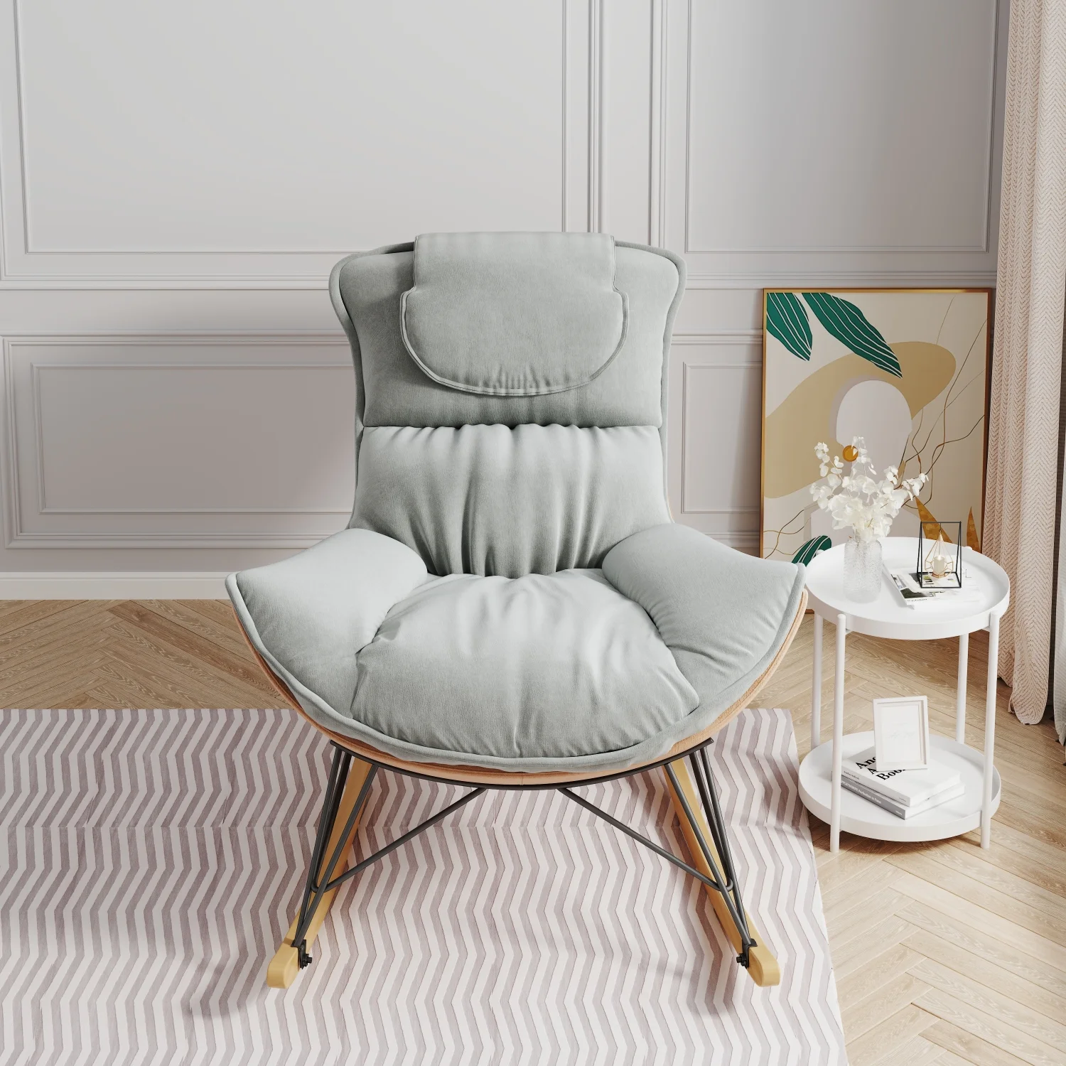 Comfortable and breathable light luxury single rocking chair for leisure sofa  with detachable and washable seat cushion  perfect for balcony leisure area. Available in elegant Light Gree