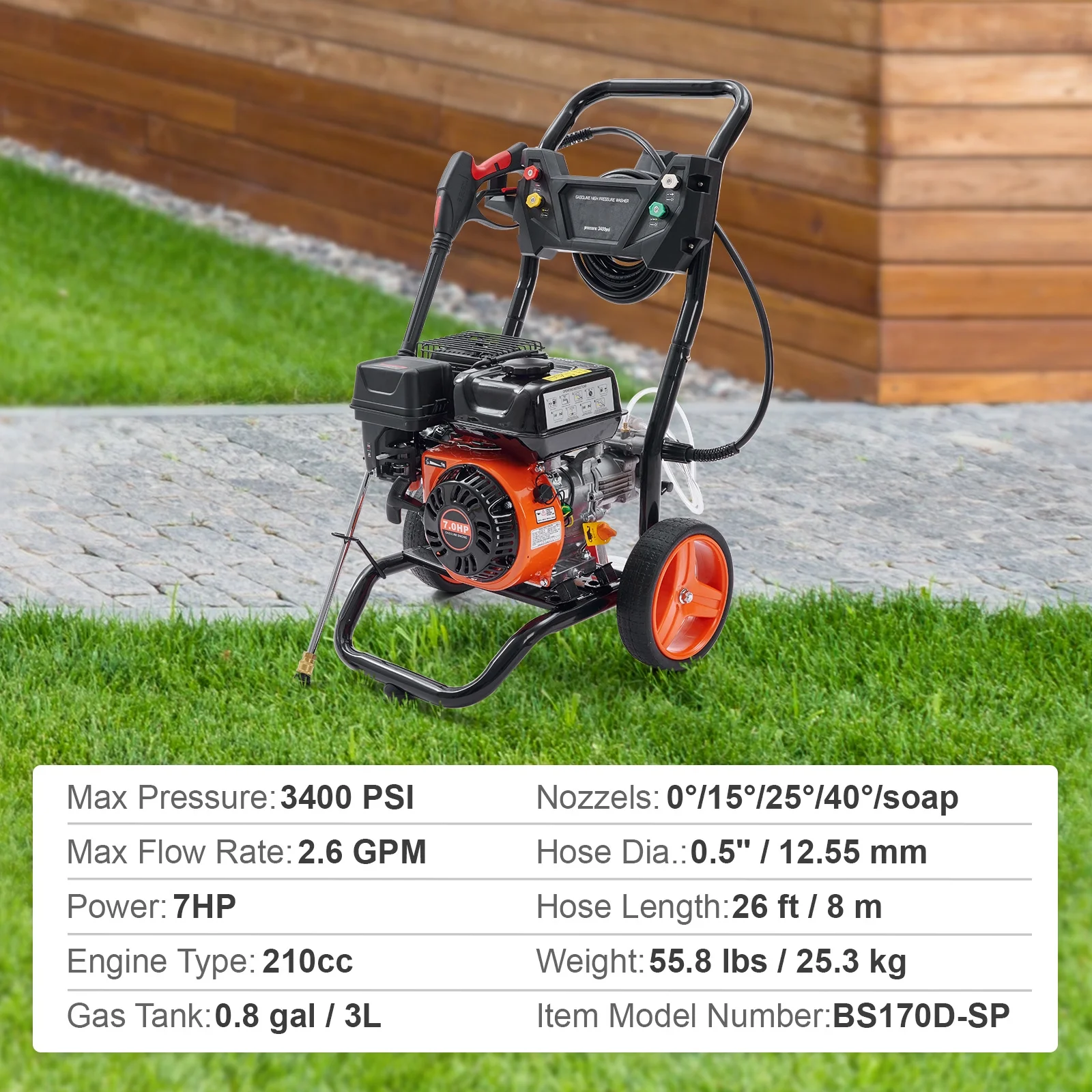 SKYSHALO 3400 PSI 2.6 GPM Gas Pressure Washer w/26 ft High Pressure Hose 5 Nozzles Gas Powered Washer