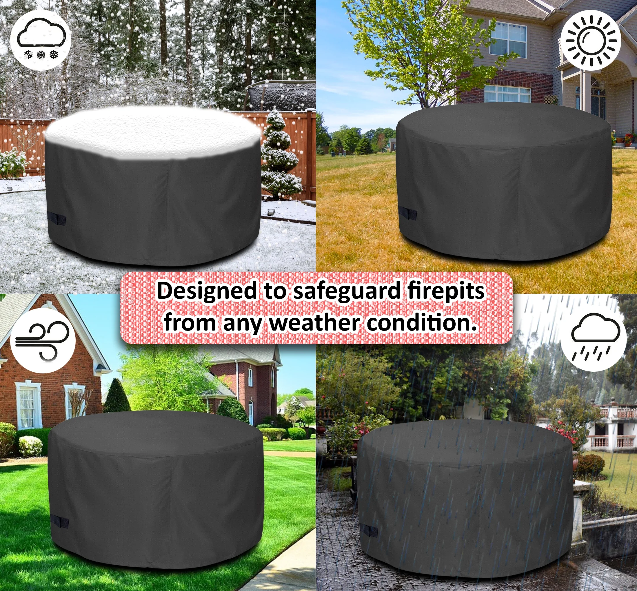 Quickflame Firepit Cover Round 36 inch, Firetable Cover Round, Patio Table Cover Rround, Black