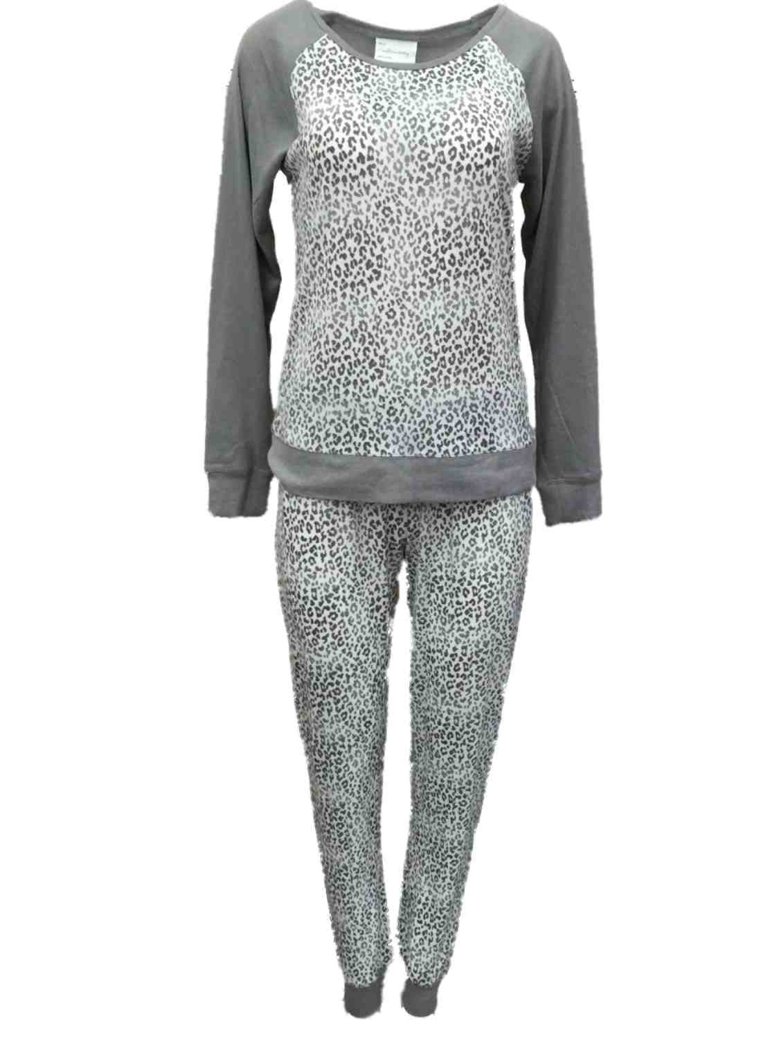 Willow Bay Womens Gray White Leopard Print Pajamas Soft Knit Pajama Sleep Set L