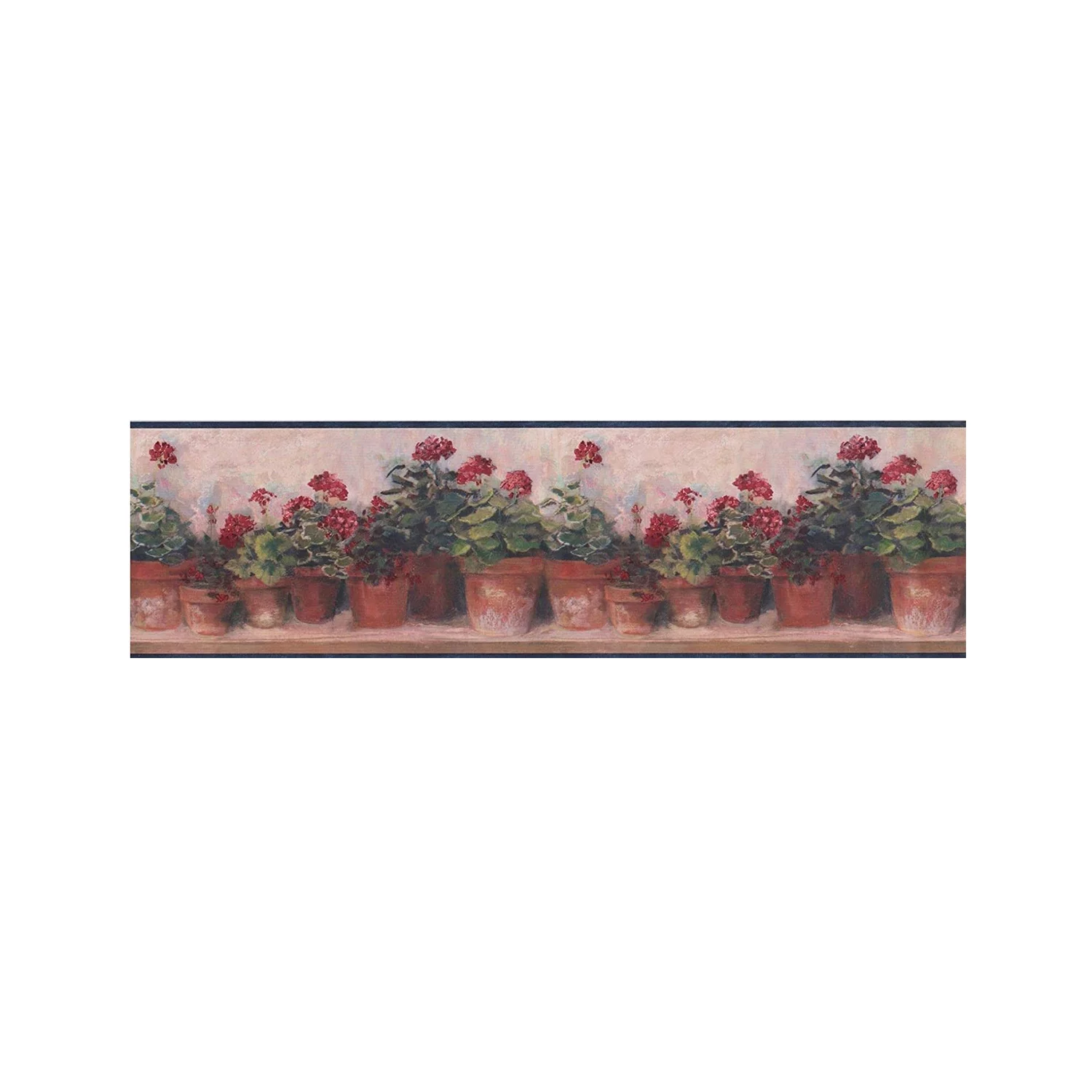 Garden Retro Pattern Ceramic Pots Geranium Flowers on Wooden Shelf for Cottage,Wallpaper Border
