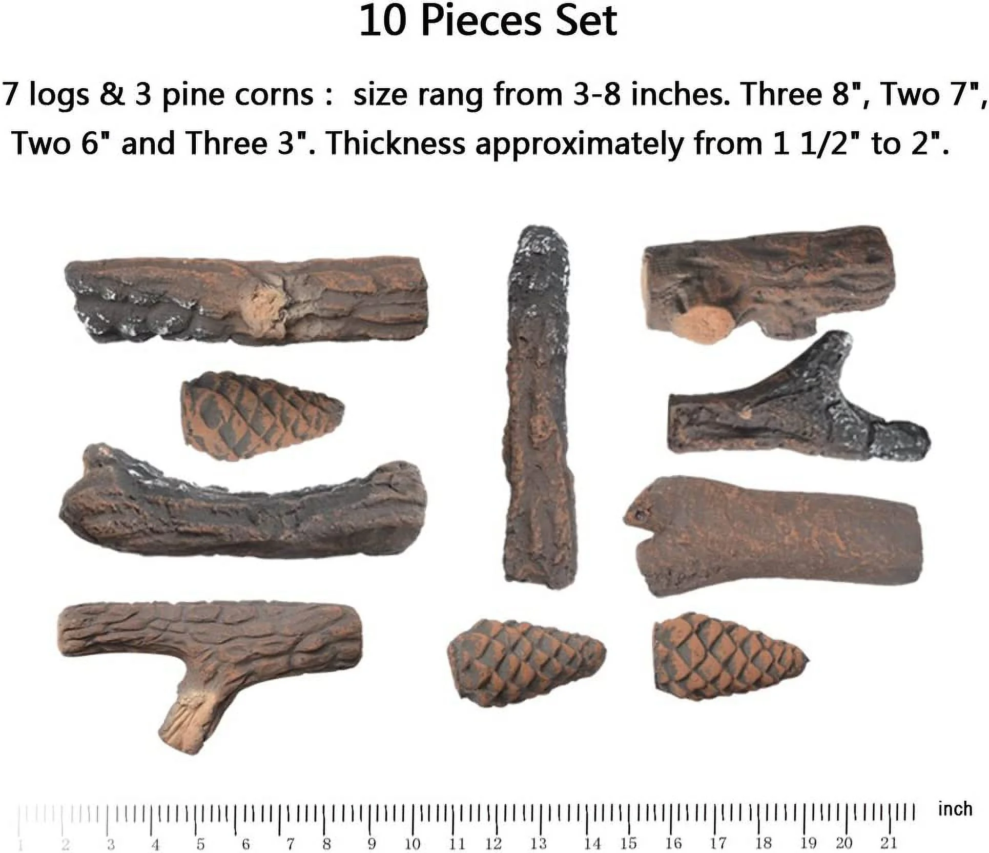 Small Ceramic Gas Logs, 10 Piece Set of Decoration Ceramic Wood Logs for All Types of Ventless, Gel, Ethanol, Electric, Gas Inserts, Propane, Indoor or Outdoor Fireplaces & Fire Pits