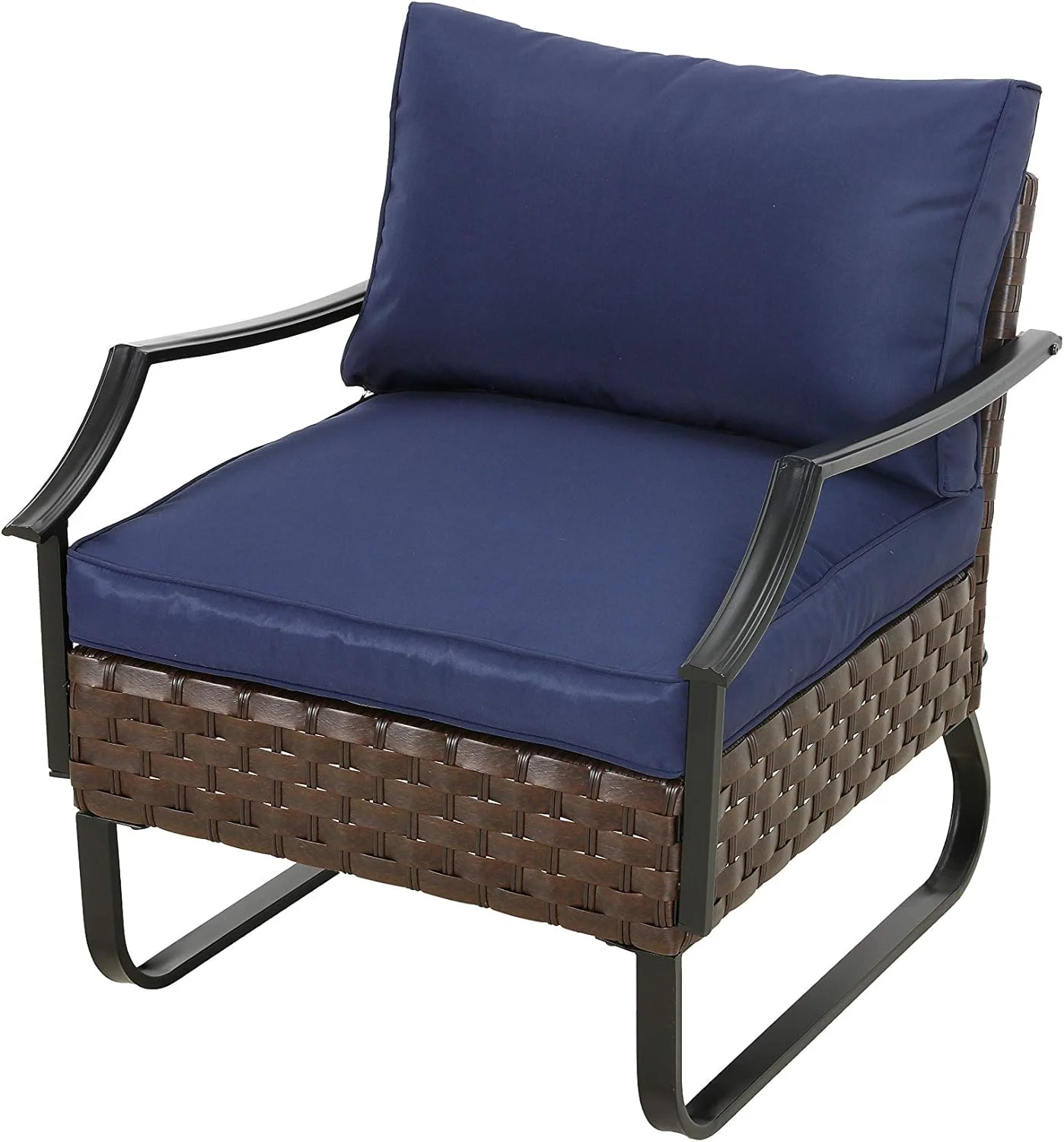 LOKATSE HOME Single Outdoor Armchair Rattan Sofa Cushioned Patio Chair U Leg Metal Club Furniture for Balcony Porch Garden Deck, Blue