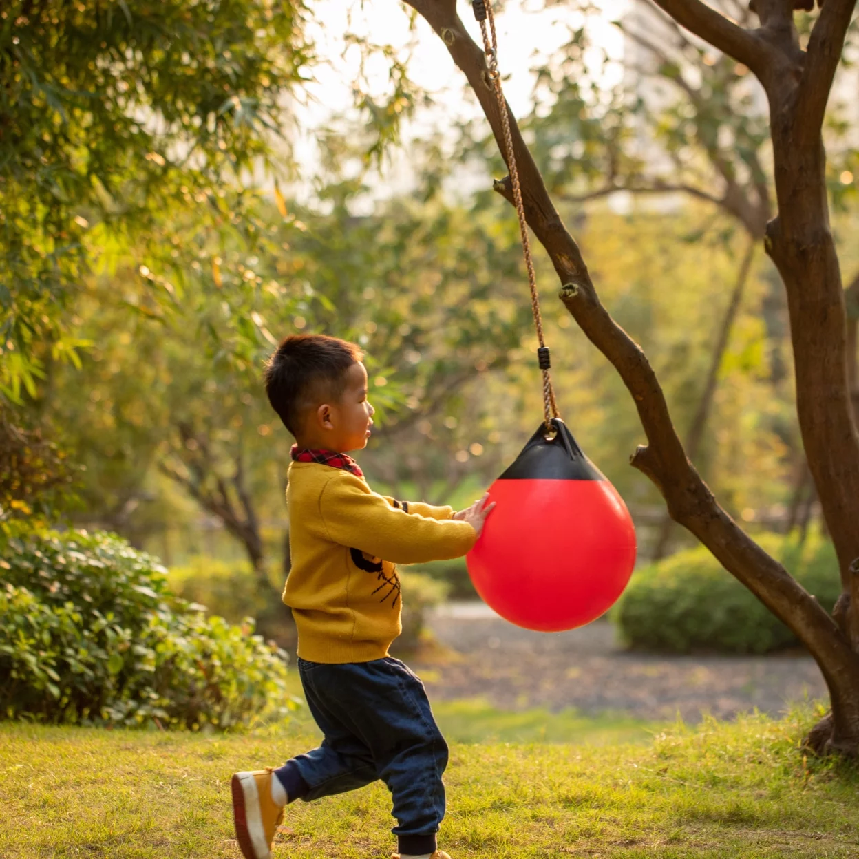 Red Outdoor Patio Playground Hanging Adjustable Ball Round Swing, Inflatable Heavy Duty Rubber Round Swing Ball, Pump