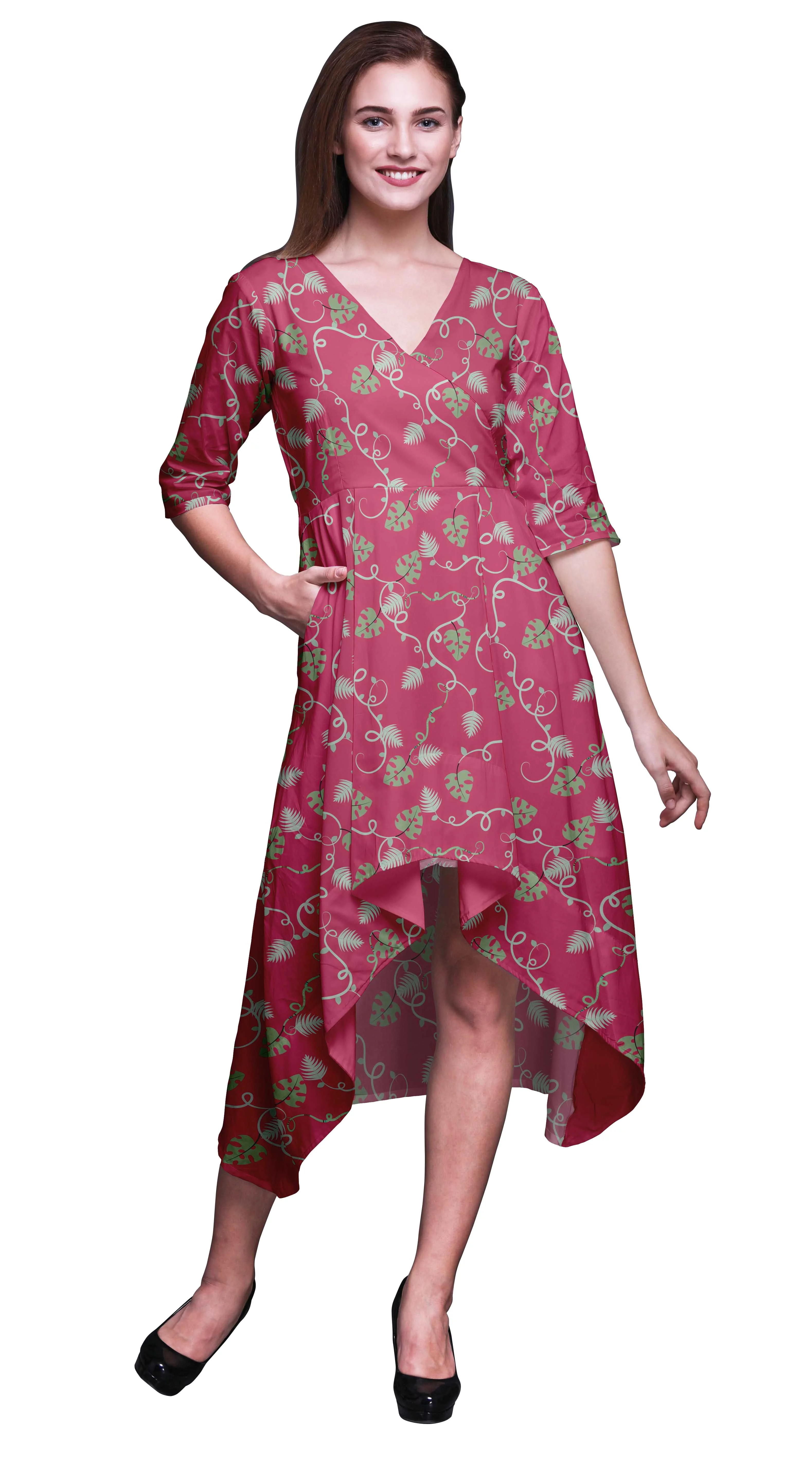 Bimba Cotton Pink Night Pine Leaves Printed Short Sleeve Classic MidiÂ&nbsp;DressÂ&nbsp;With Pockets Asymmetrical ShiftÂ&nbsp;Dress-Small