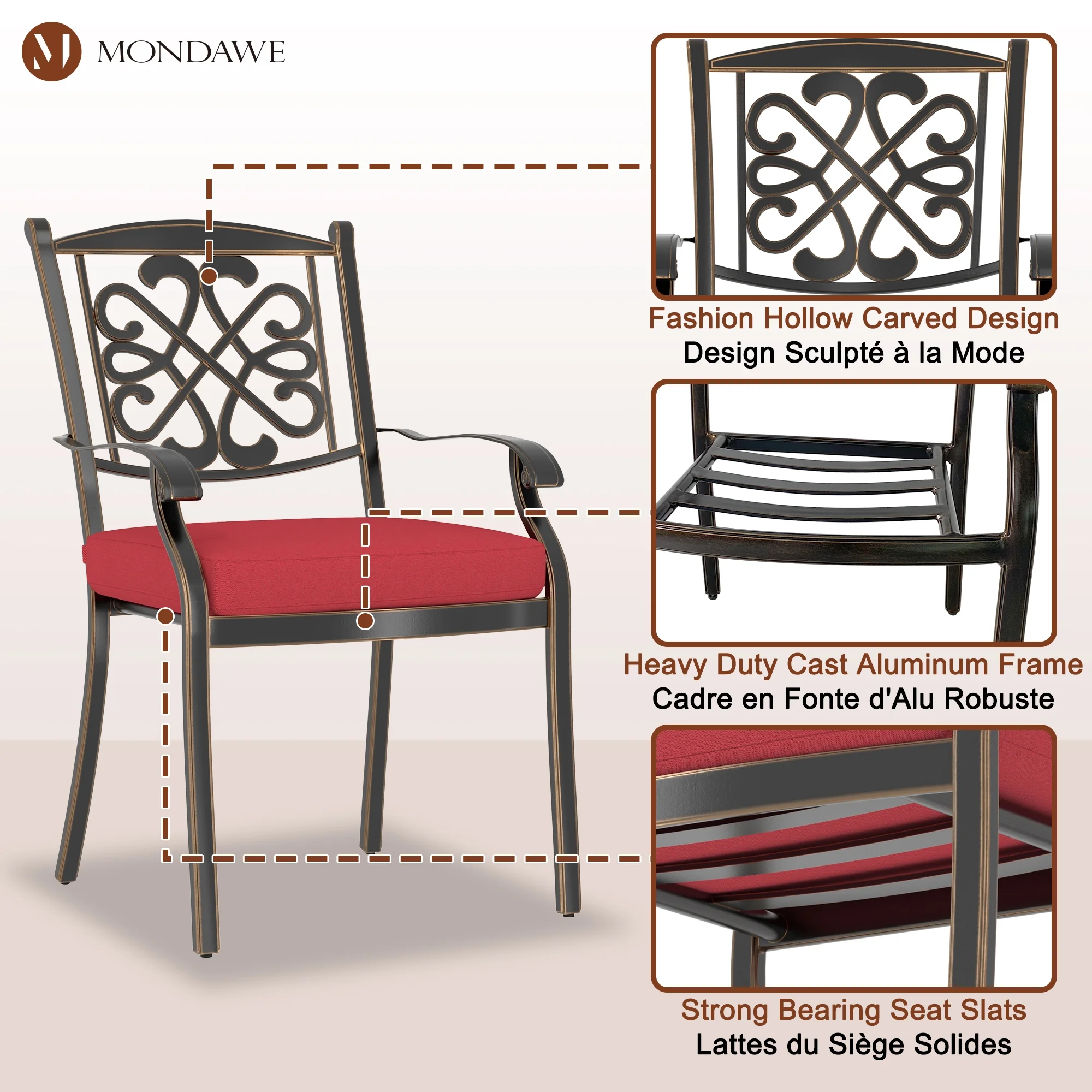 Mondawe 4-Piece Cast Aluminum Diagonal-Mesh Vines Backrest Dining Chairs (Red)