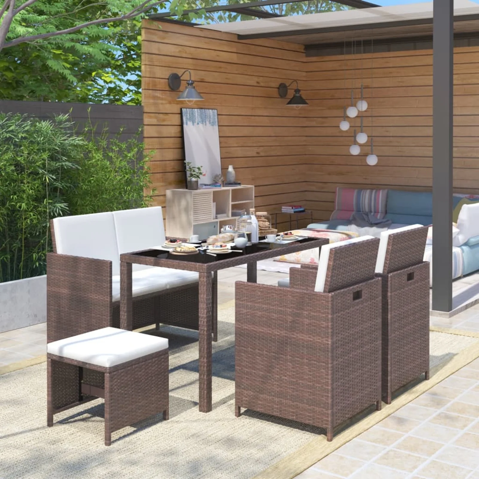 Carevas 6 Piece Patio Dining Set with Cushions Poly Rattan Brown