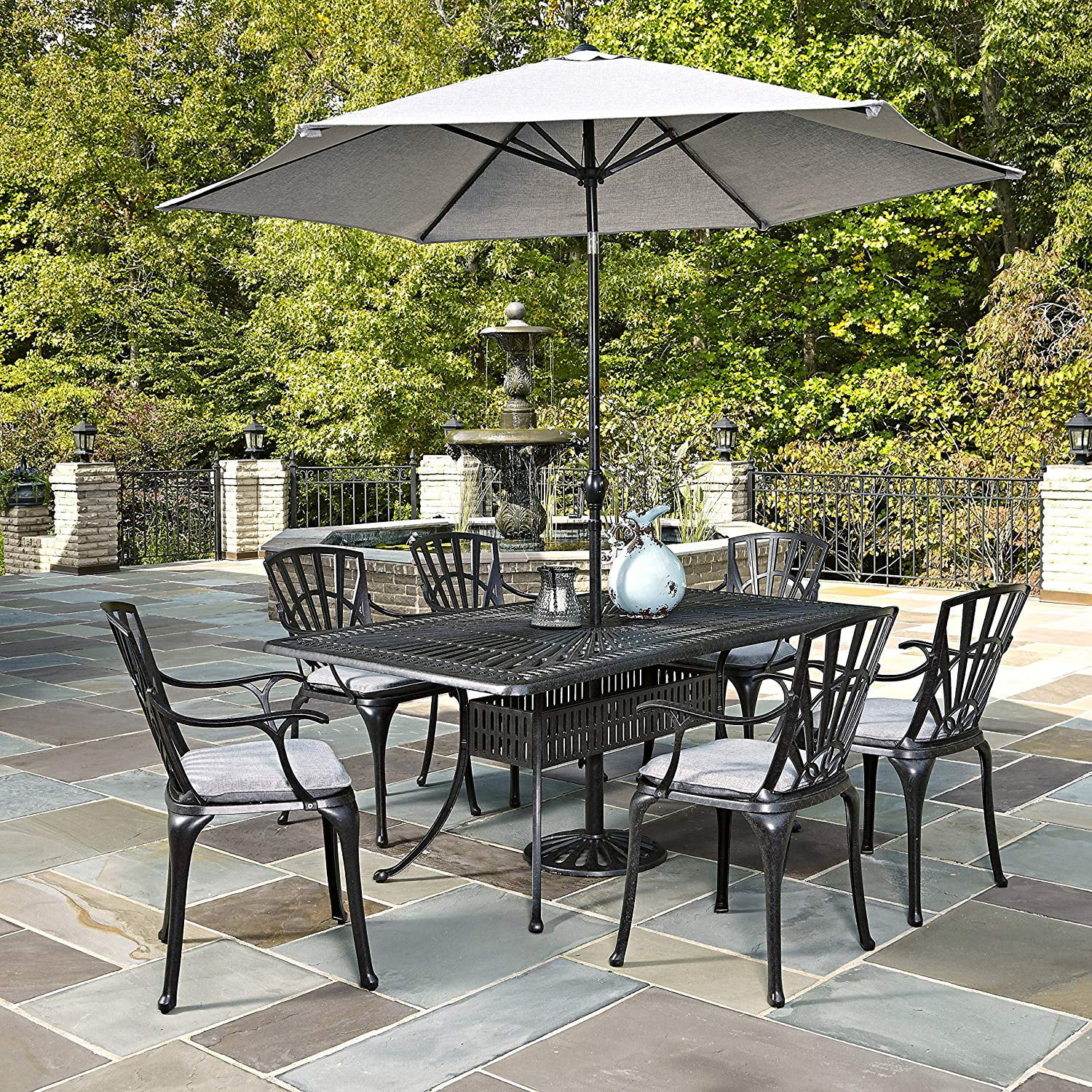 Home Styles Largo Outdoor Patio Dining Set, Cast Aluminum, 7 Piece with Umbrella and Cushions