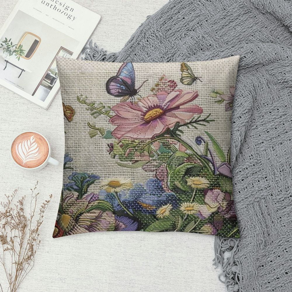 QCPP  Wild Flowers Leaves Throw Pillow Case Cushion Cover Botanical Spring Composition with Butterfly, Botanic, Watercolor Herbs Decorative Throw Pillow Covers Cushion Case
