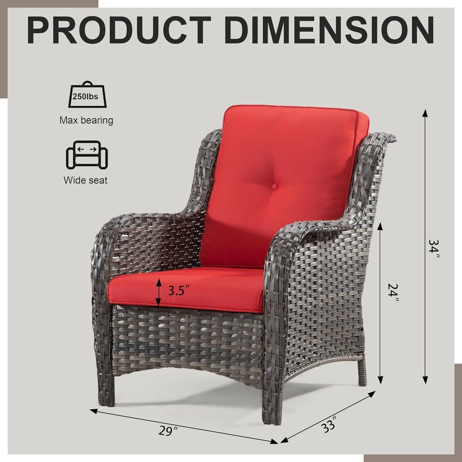 Patio Wicker Chairs Set of 6, Patio Rattan Dining Chairs with 3.5-inch Seat Cushions, High Back and Curved Armrest for Garden, Backyard, Balcony and Deck, Red