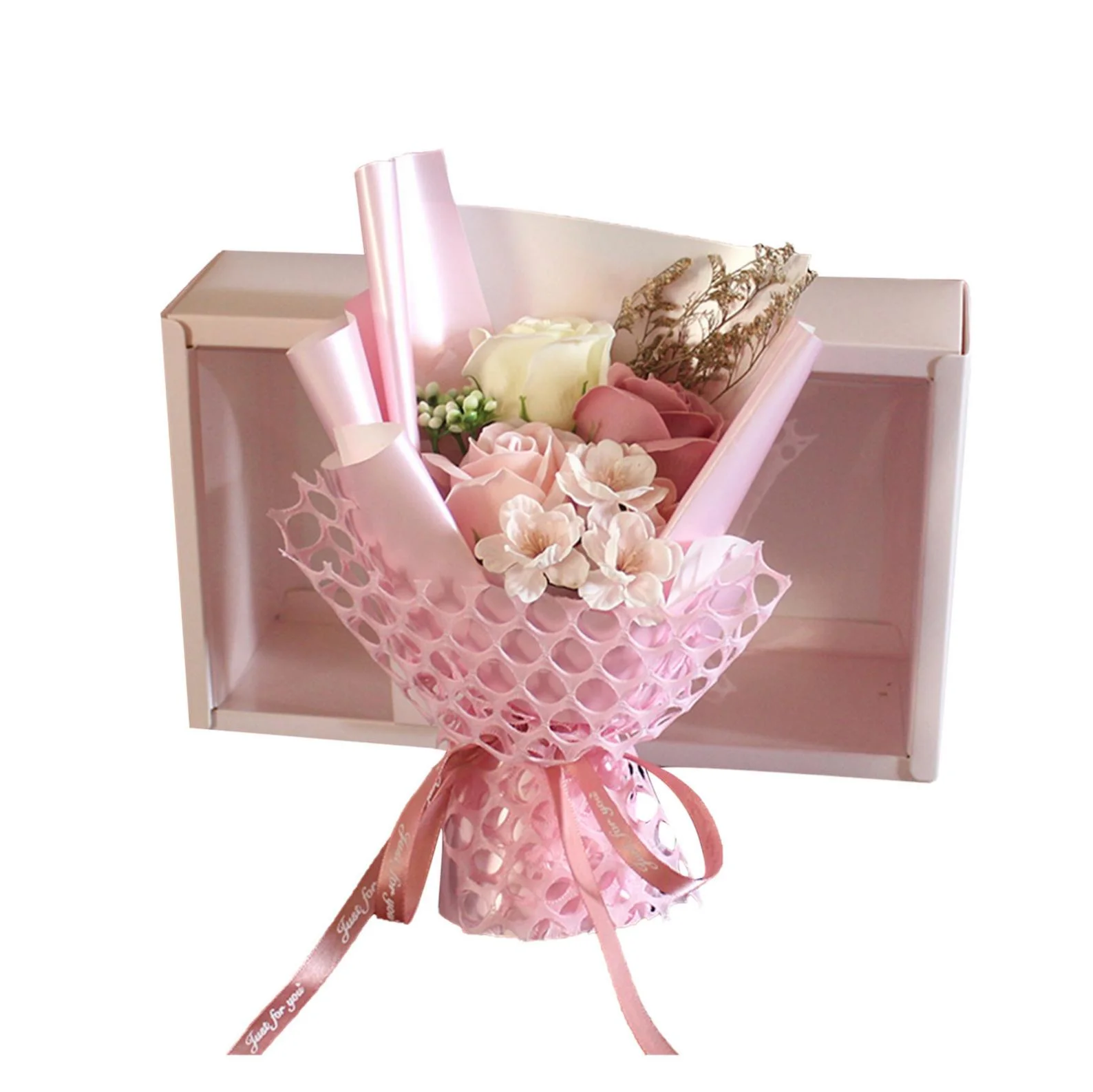 Valentines Day Gift Box - Soap Rose Flower Bouquet with Little Bear, Artificial Flowers for Gift of Mother's Day, Valentine's Day and Other Holiday (Pink)