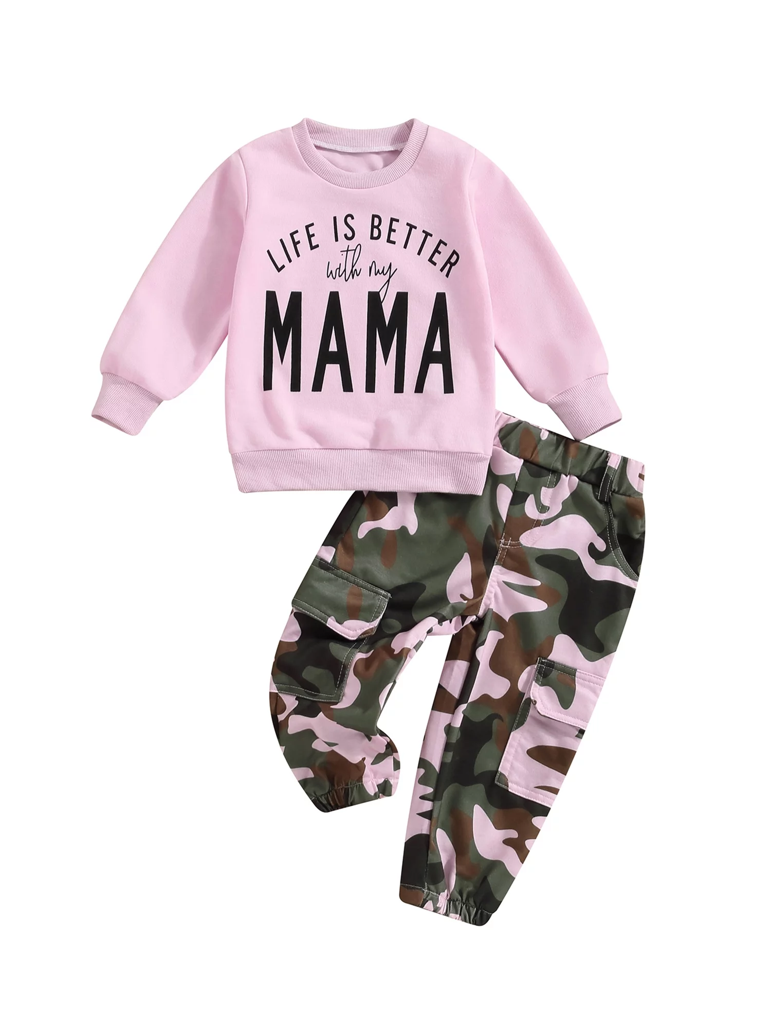 Toddler Baby Girls Fall Clothes Letter Print Long Sleeve Sweatshirt and Camouflage Pants Set 2PCS Infant Outfit
