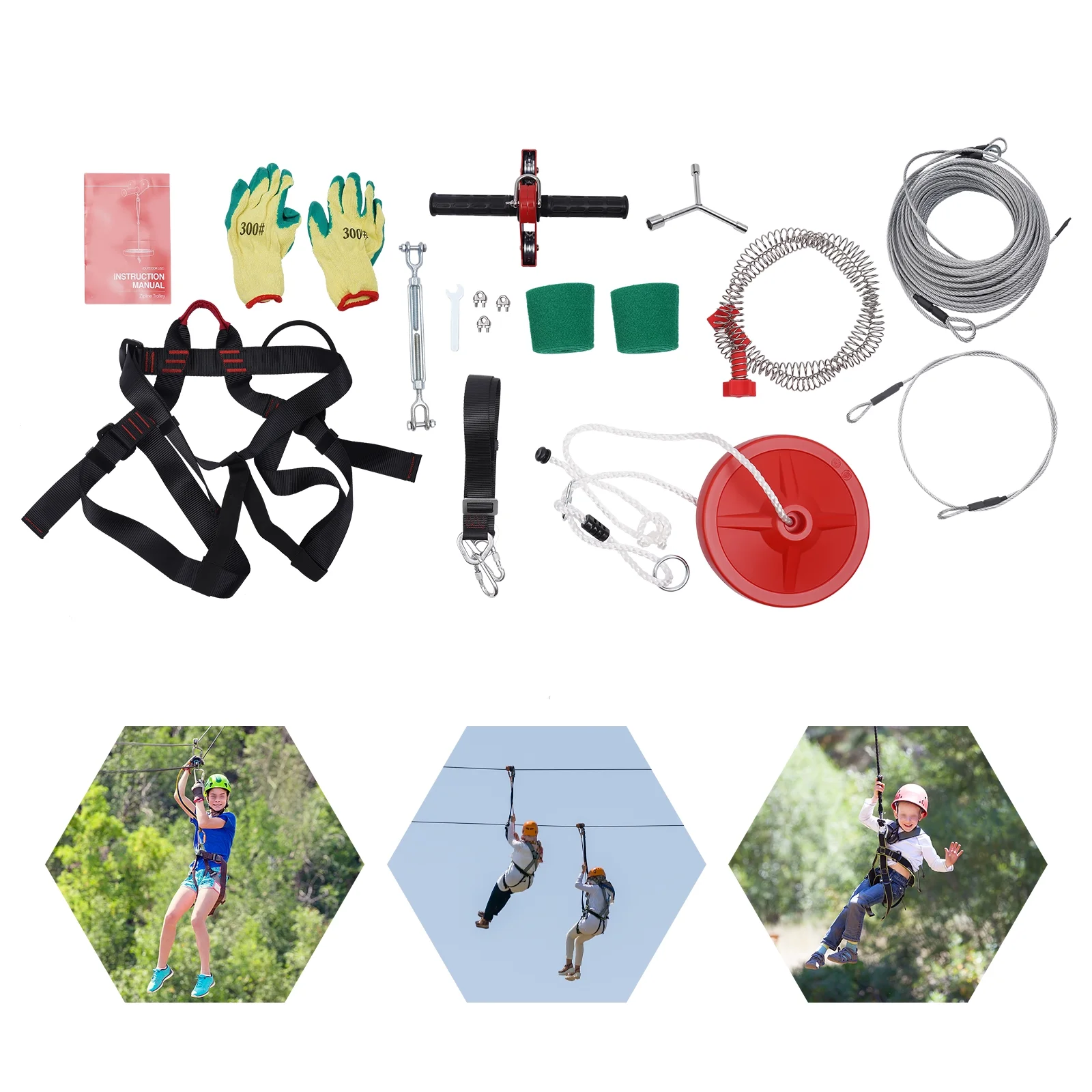 160FT Zipline Kit for Backyard Kids Adults with Stainless Steel Spring Brake 330lb Max Capacity