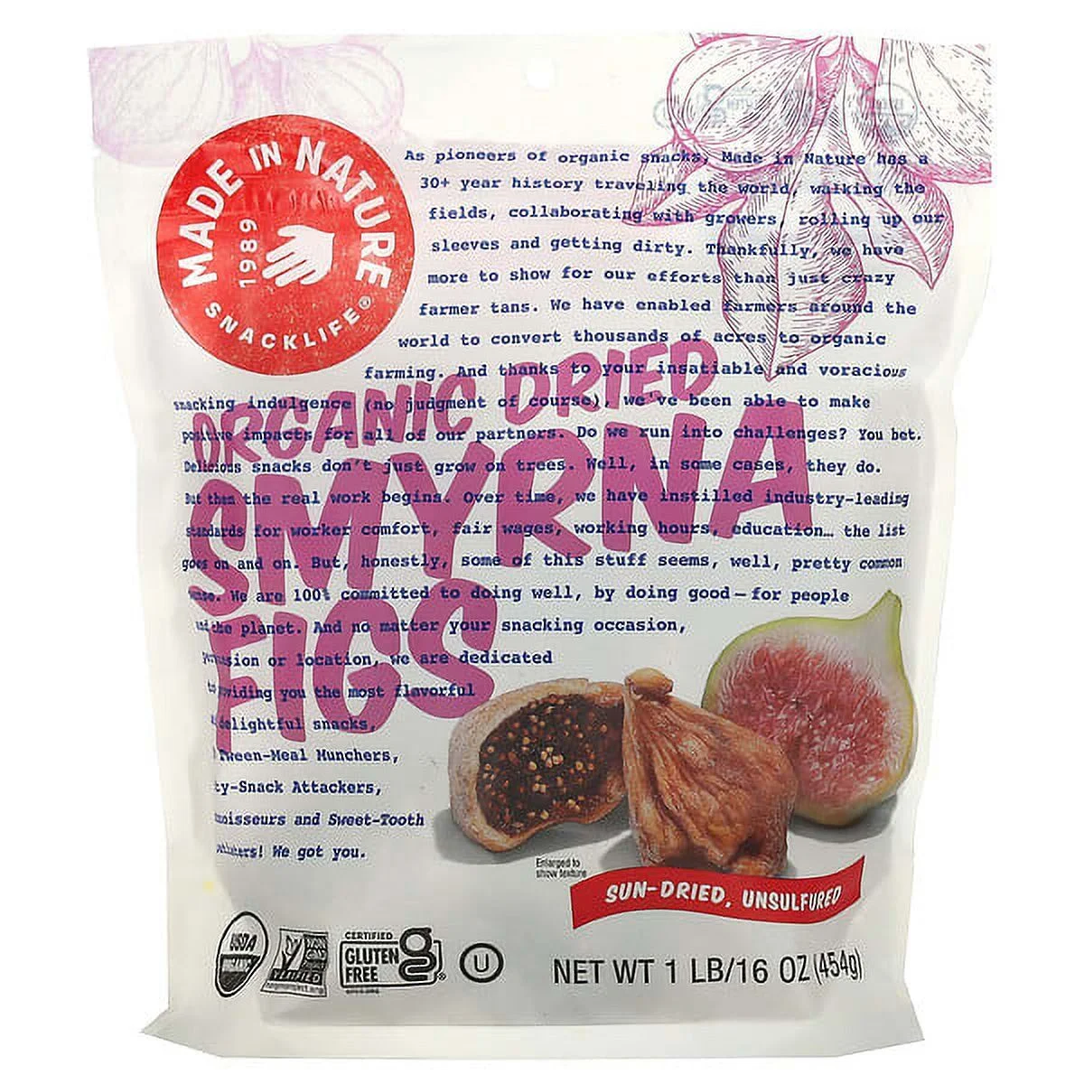 Made in Nature, Organic Dried Smyrna Figs, Soft & Sultry Supersnacks, 1 lb Pack of 4
