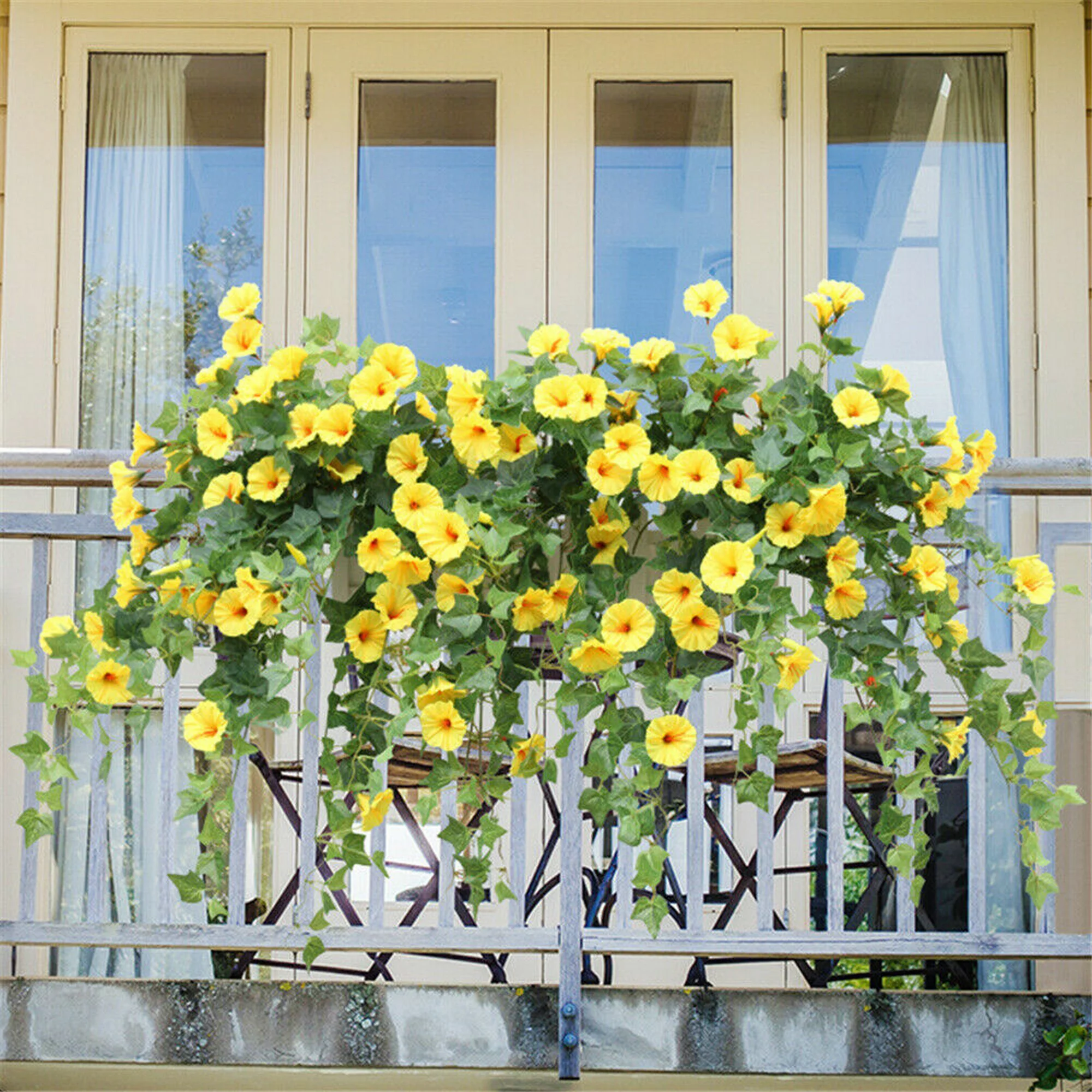 Viworld Hanging Basket Artificial Fake Morning Glory Indoor Home Wedding Garden Decor, Yellow 2pcs